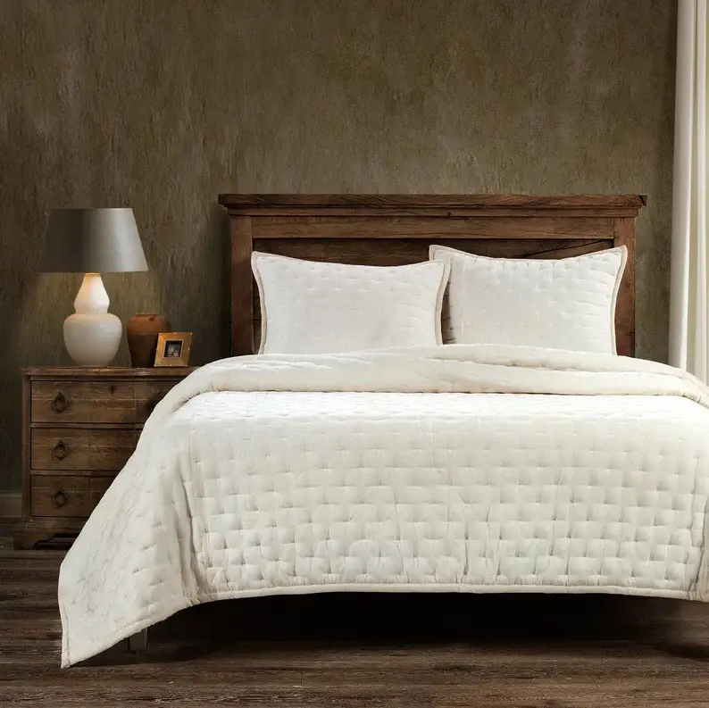 Stella Faux Silk Velvet Pintuck 3PC Quilt Adjust, Stone