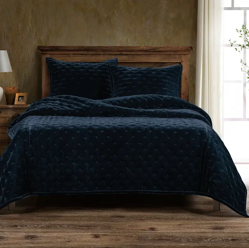 Stella Faux Silk Velvet Pintuck 3PC Quilt Set, Midnight Azure 4-Piece Set