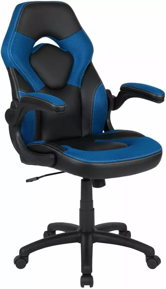 X10 High-Back Leathersoft Racing Style Gaming Chair Flip-Up Arms Ergonomic Padded Swivel Computer Chair Blue Black TRAHOO
