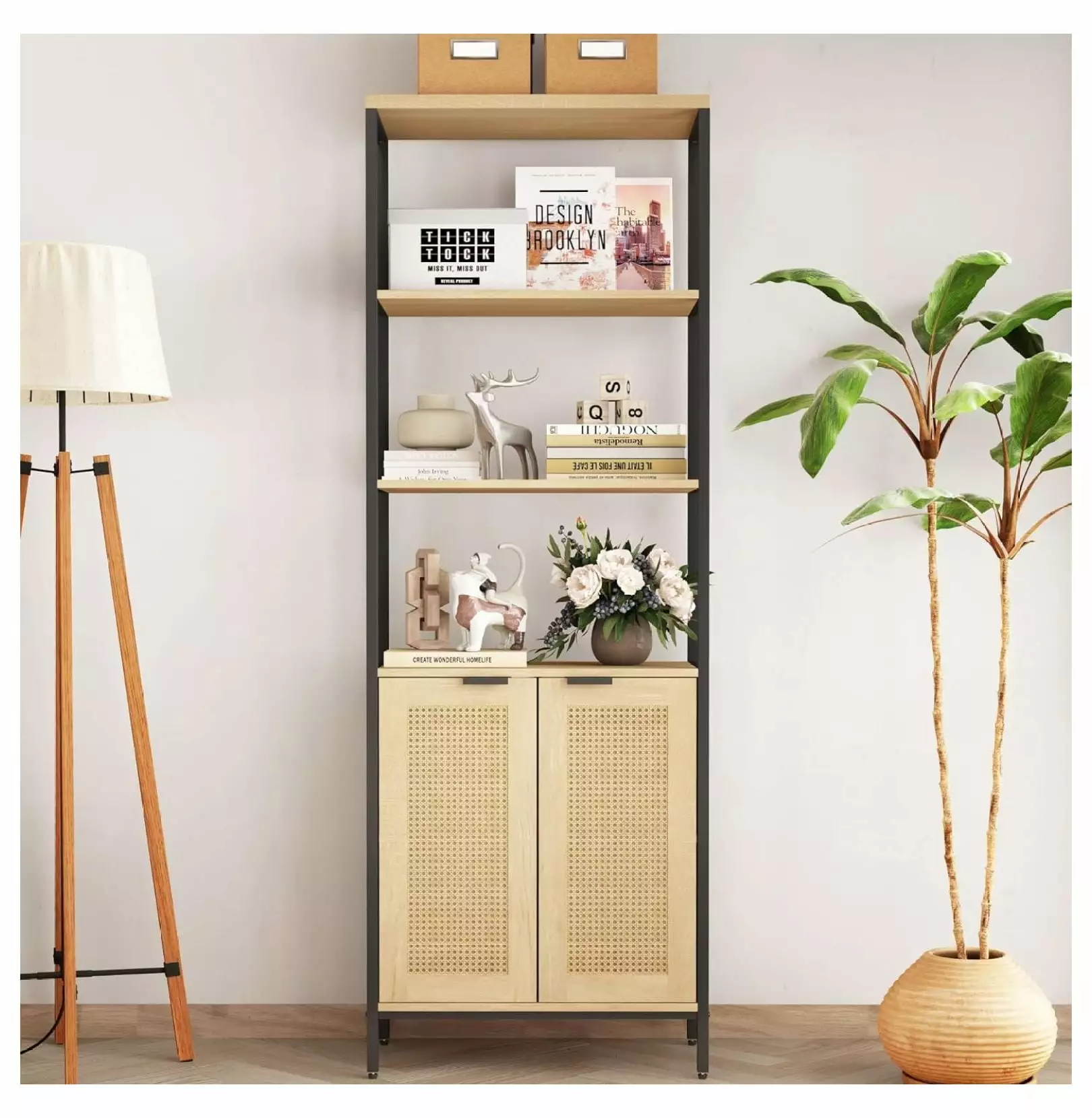 BULYAXIA Rattan Bookshelf 3 Tier Open Shelves Storage Cabinet Living Room