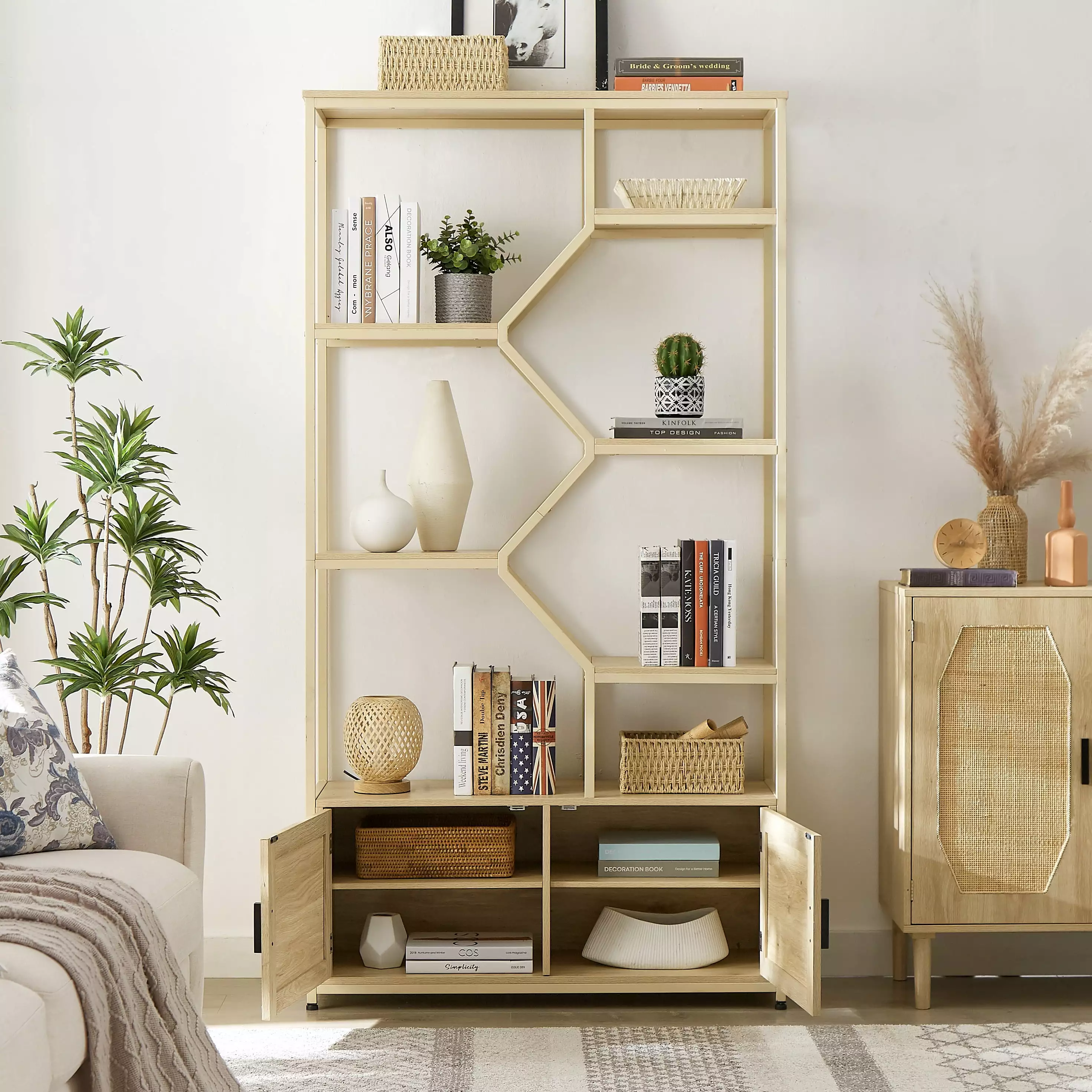 Rattan 7-Tier Bookcase Cabinet Living Room Home Office Natural 39.4x13.8x75.6 Inches BZH