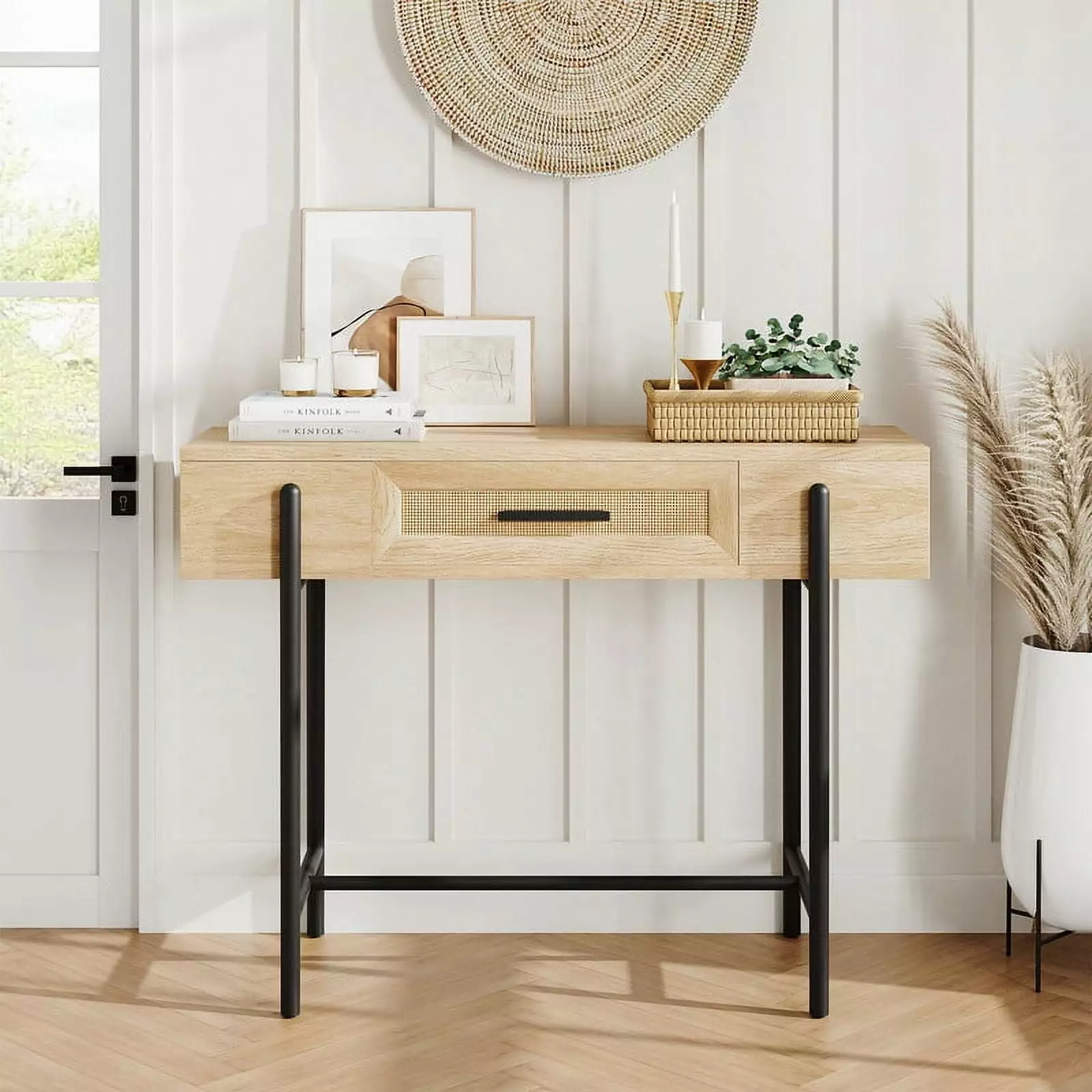 Rattan Console Table Drawer and Storage Narrow Entryway Sofa Table Boho Style Console Amyove