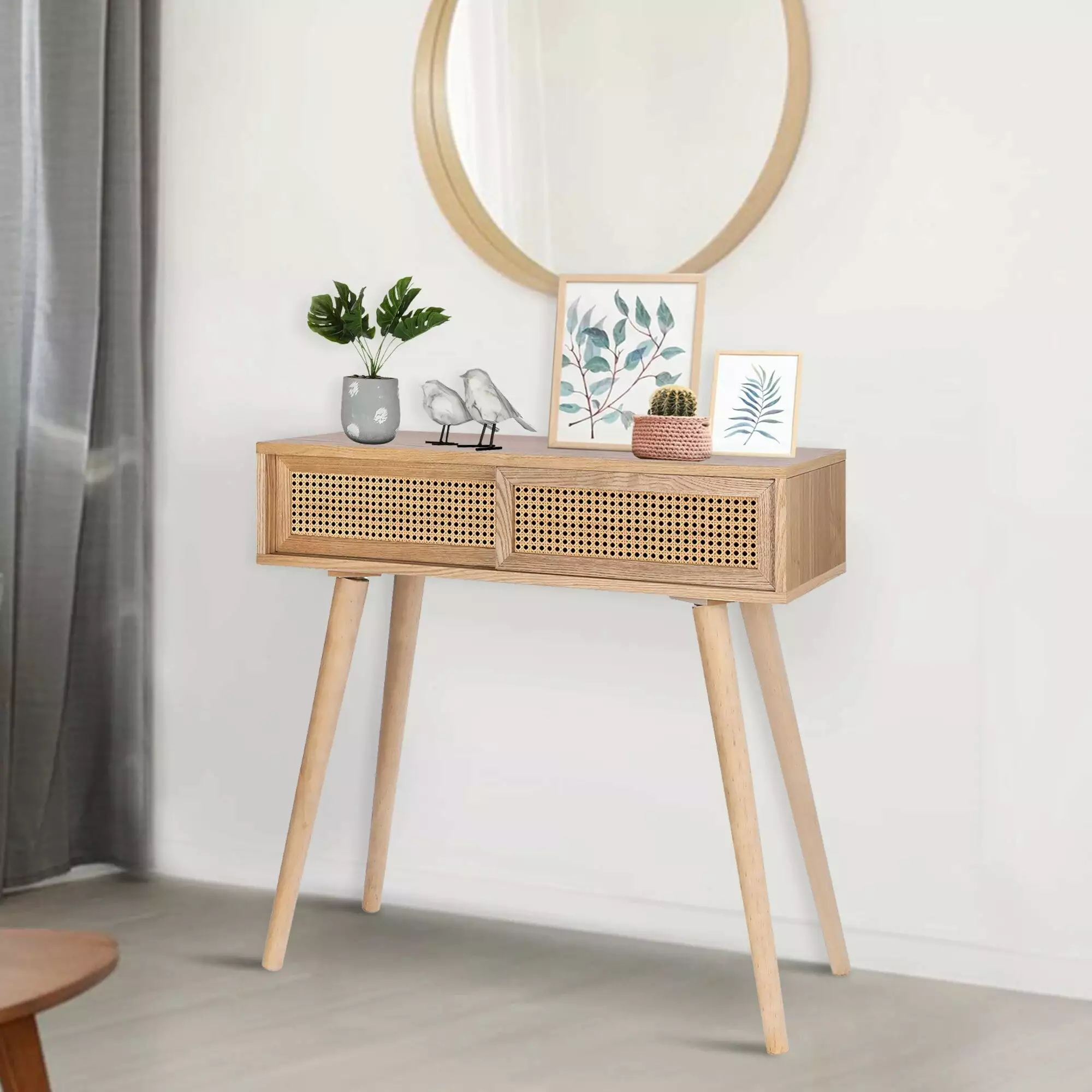 Chicgrowth 31 Inch Wood Color Rattan Console Table Vanity Desk Bedroom Living Room Console