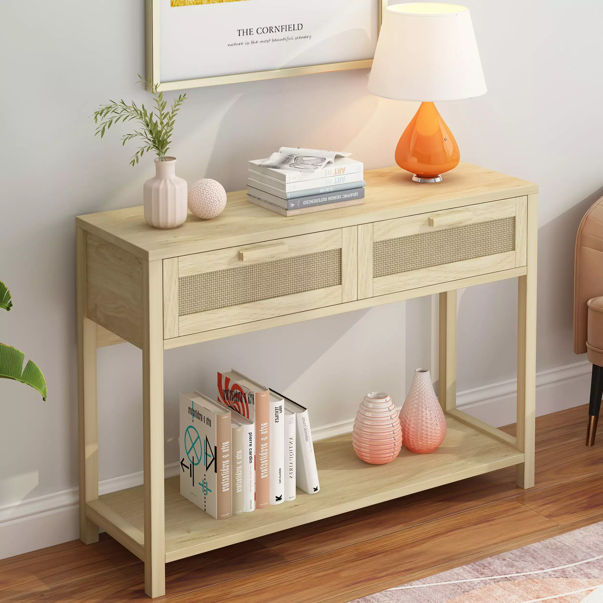 GoDecor Console Table Shelf Narrow Sofa Table Entryway Table Side Table Hallway Living Room Bedroom Natural Rattan & Wood ...