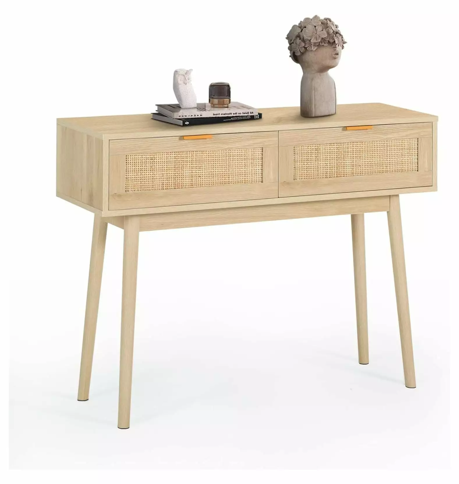 LeCeleBee Console Table 2 Drawers Rattan Entryway Table Narrow Accent Sofa Table Console