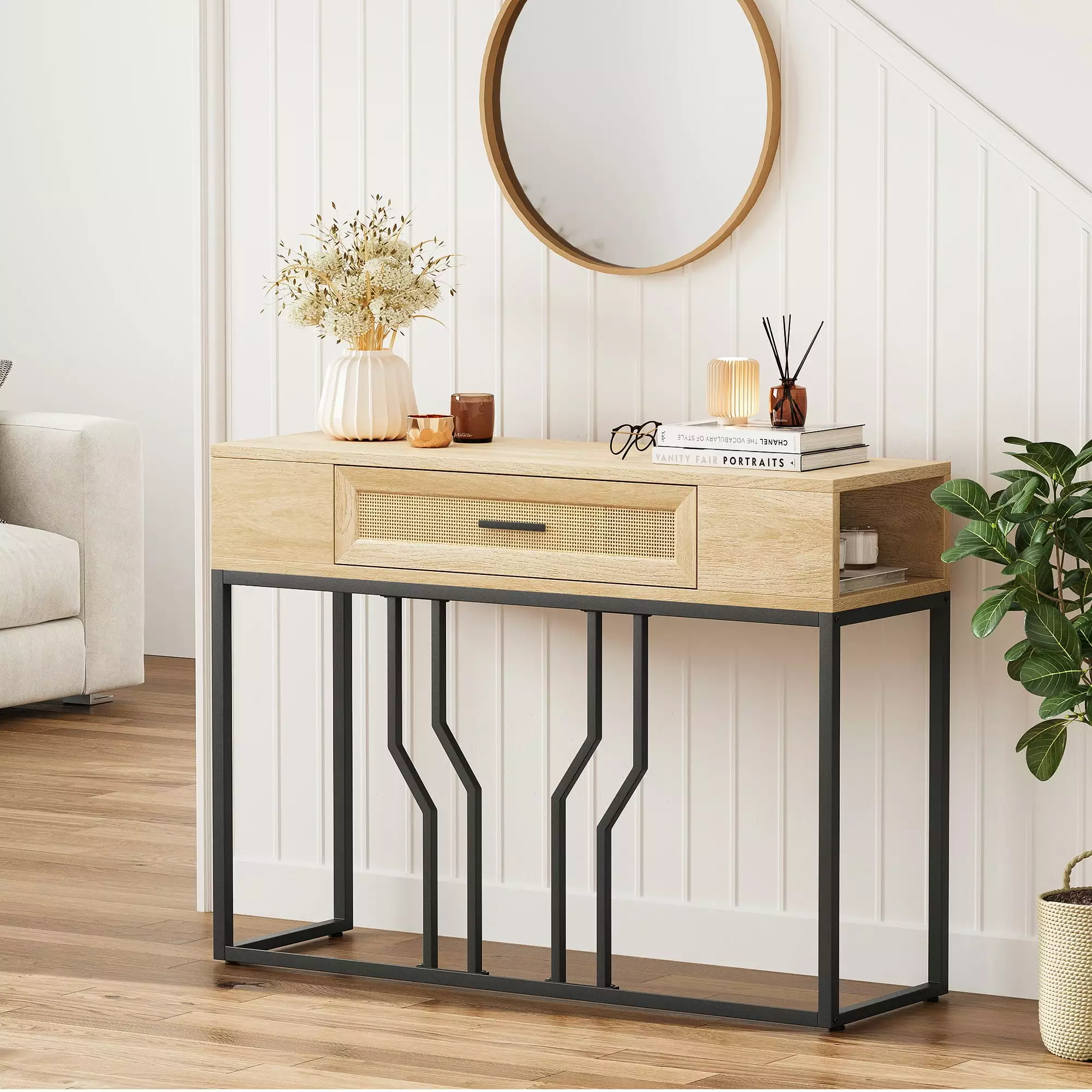 WhizMax Rattan Console Table Sofa Table Narrow Entryway Table Drawer and Storage Console