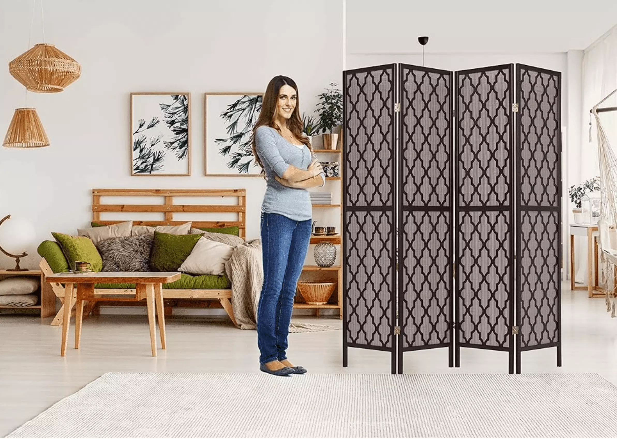 Legacy Decor 4 Panel Rattan Cane Webbing Room Divider Decorative Cut Outs - Espresso