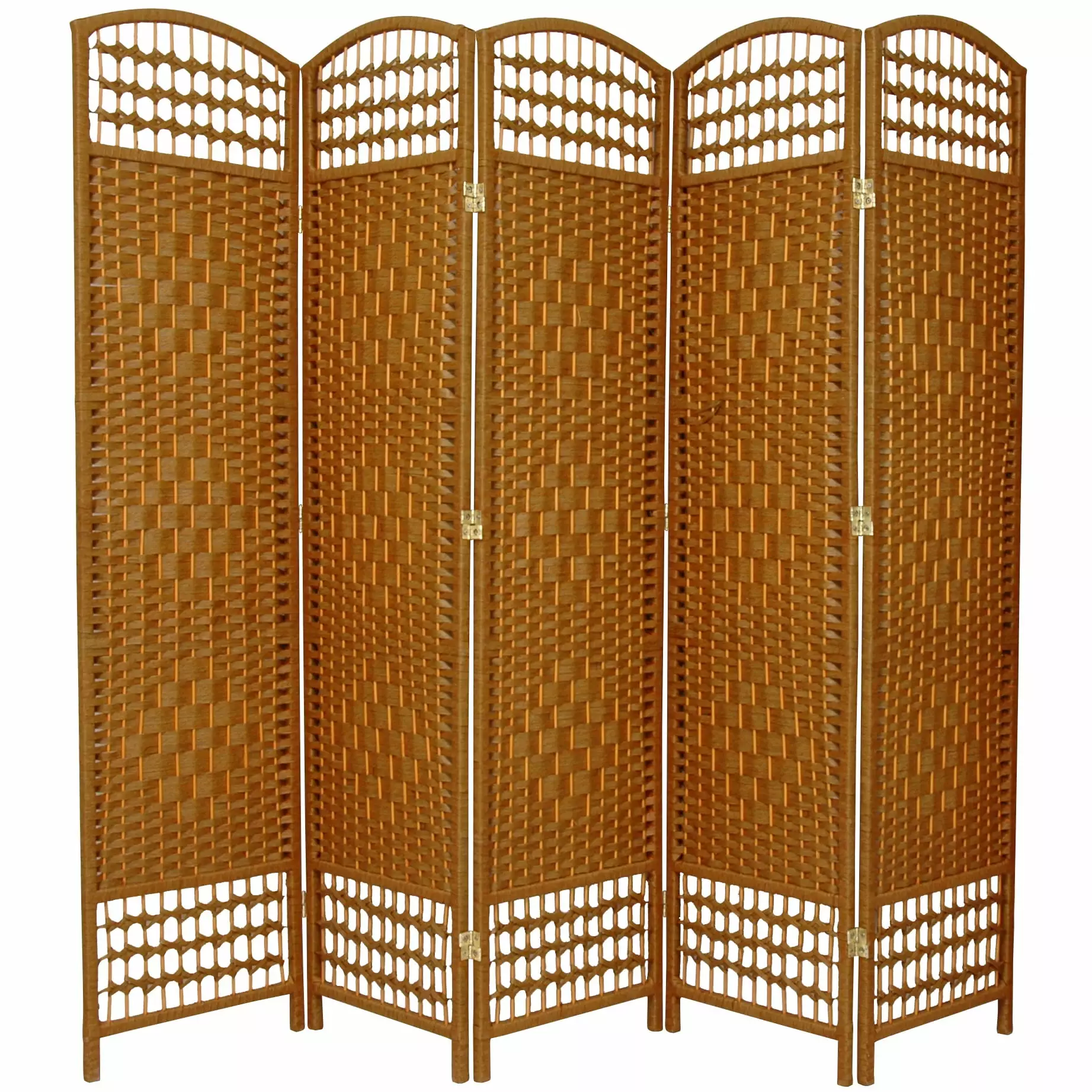 5.5 ft Tall Faux Rattan Fiber Weave Privacy Screen Room Divider Light Beige 5 Panel Oriental Furniture