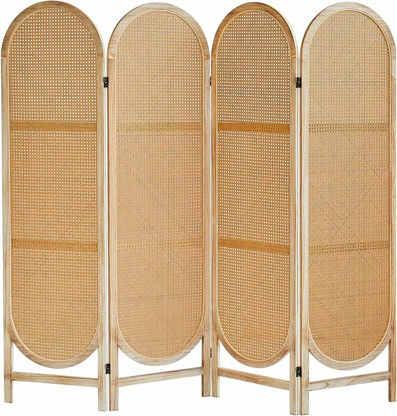 4 Panels Foldable Wooden Room Dividers - Hand-Woven Rattan Privacy Screen Home Office YGDU