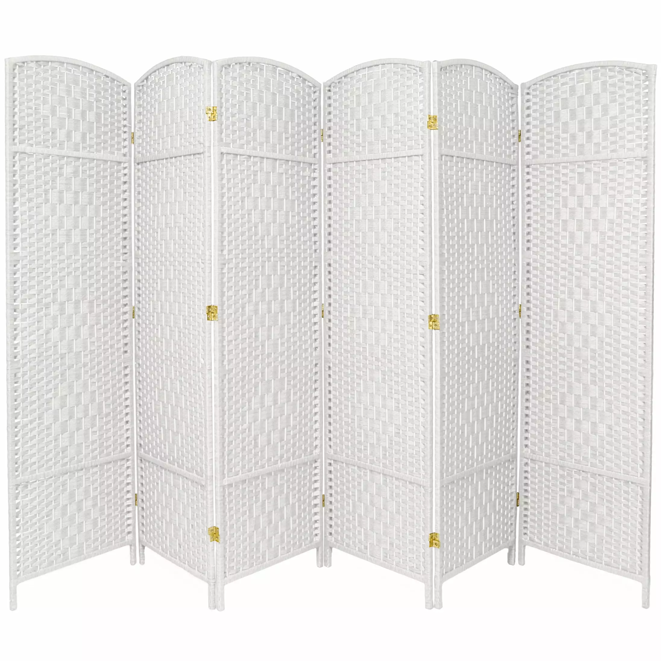 7 ft Tall White Faux Rattan Fiber Diamond Weave Privacy Screen 6 Panels Oriental Furniture