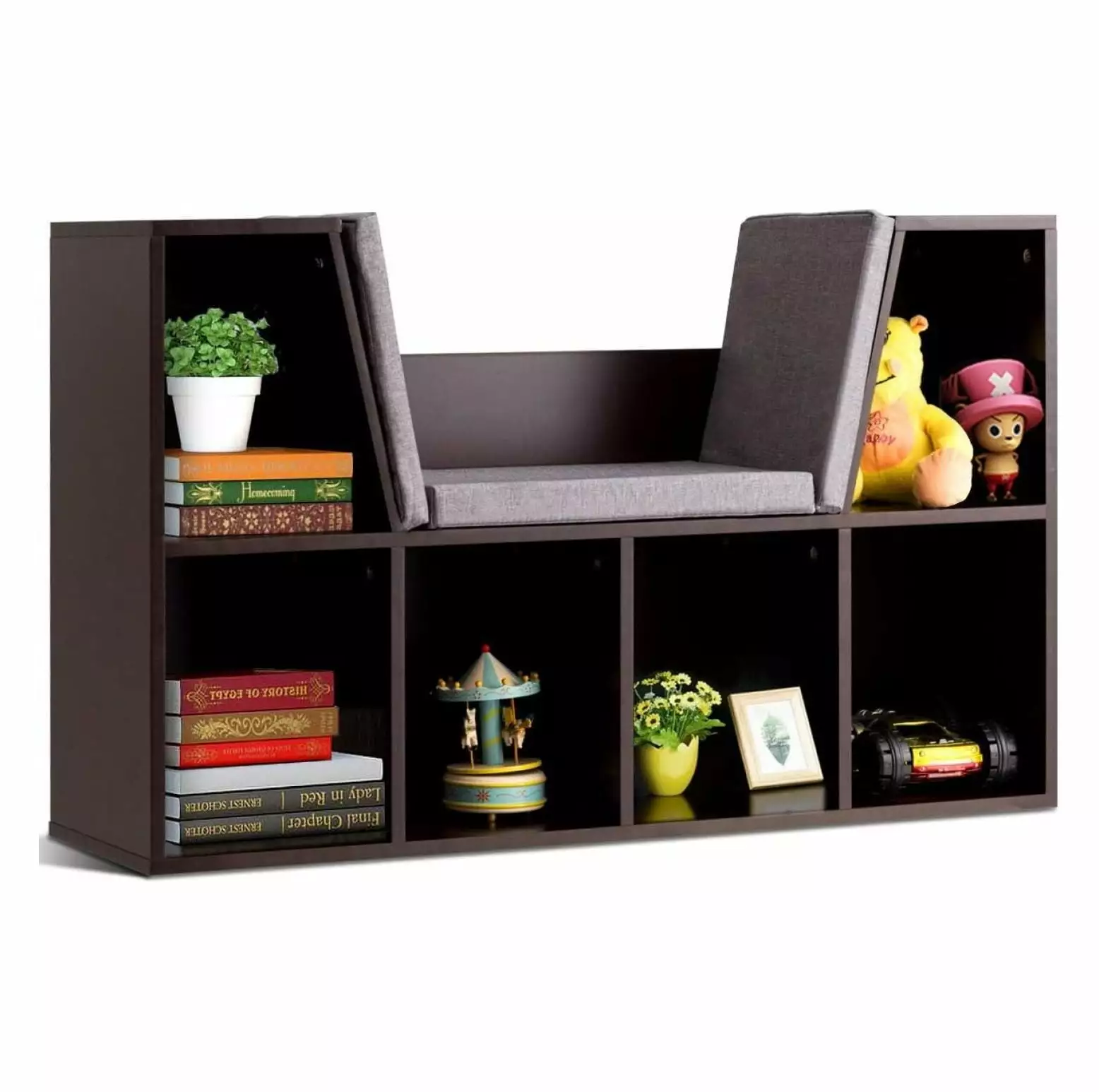 Killeryuki 6-Cubby Kids Bookcase Cushioned Reading Nook Multi-Purpose Wooden Toy Storage Espresso