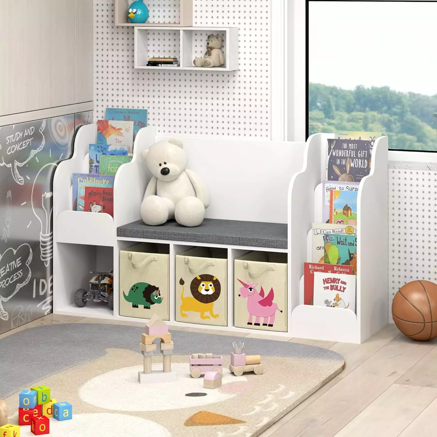 Kids Reading Nook Bench Bookshelf Toy Storage Organizer Playroom Bedroom Living Room White YoJoFHM
