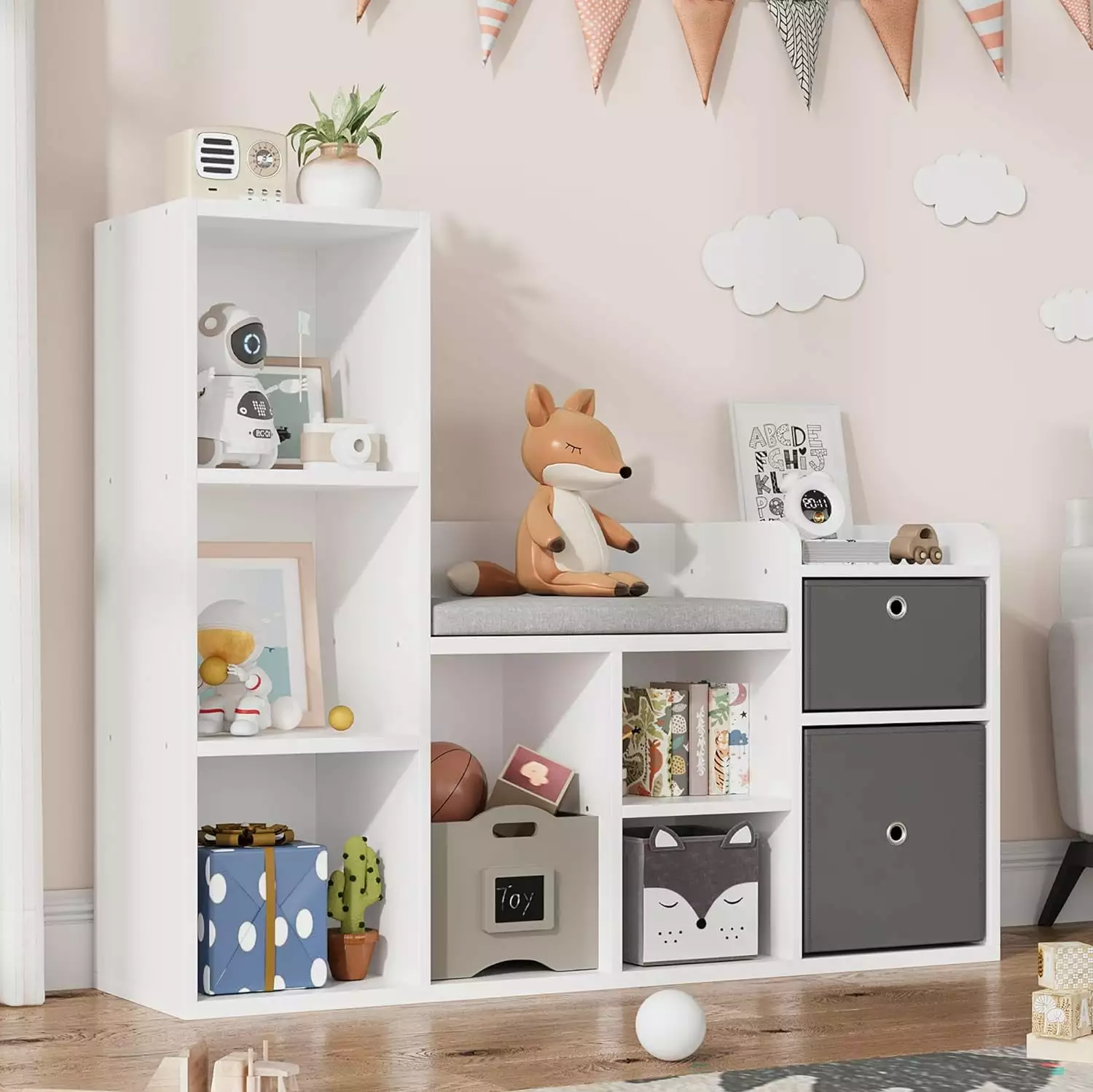 Jojoka Kids Bookshelf 44.1in Width Toy Storage Organizer Reading Nook White Bookcase Seat Cushion