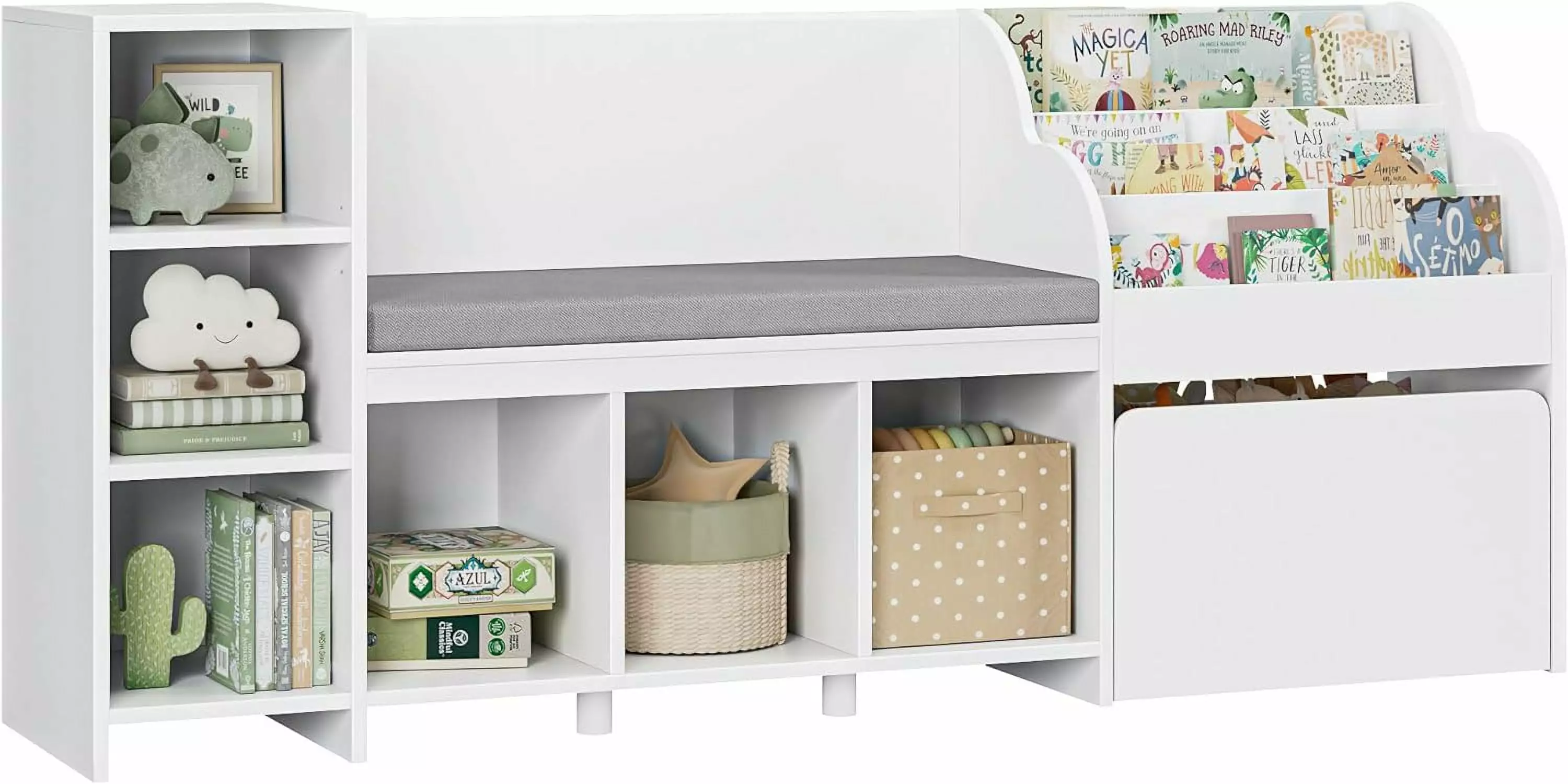 67 Kids Reading Nook Bench Bookshelf and Bookcase Seat Cushion and 6 Storage Cubbies Puapli