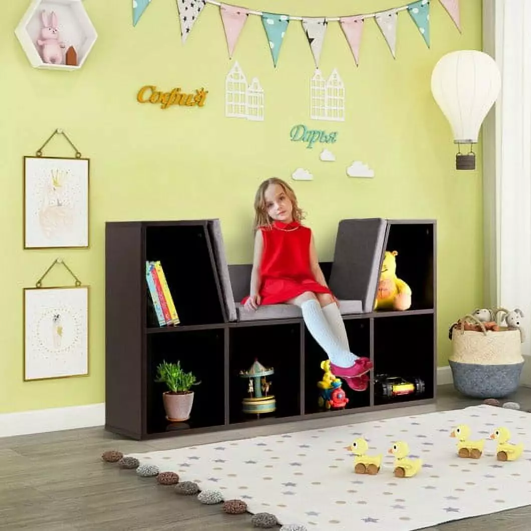 6-Cubby Kid Storage Bookcase Cushioned Reading Nook Brown Generic