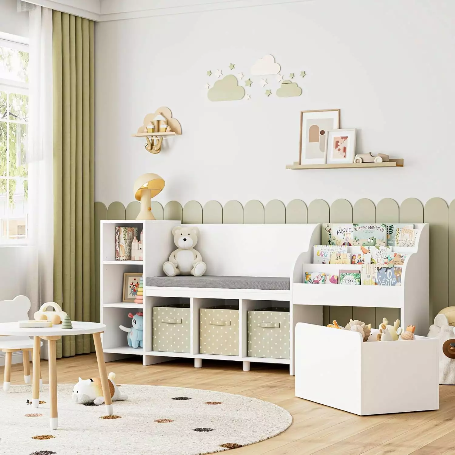 MiSHOP 67 Kids Reading Nook Bench Kids Bookshelf and Bookcase Seat Cushion and 6 Storage Cubbies Homezy