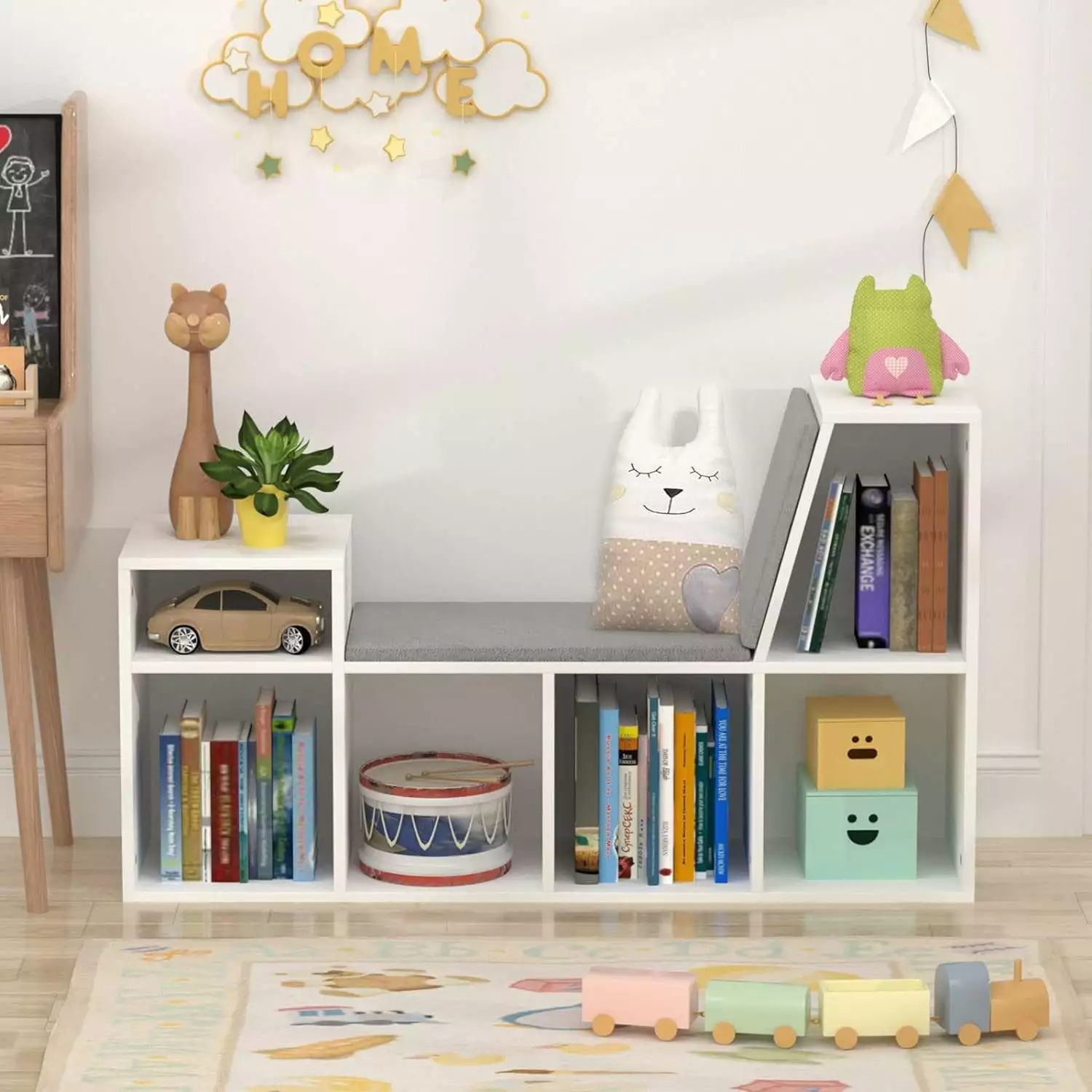 Reading Nook Kids 6-Cubby Bookcase and Soft Cushion - Multi-Purpose Storage Organizer Playroom, Bedroom, and Living Room W...