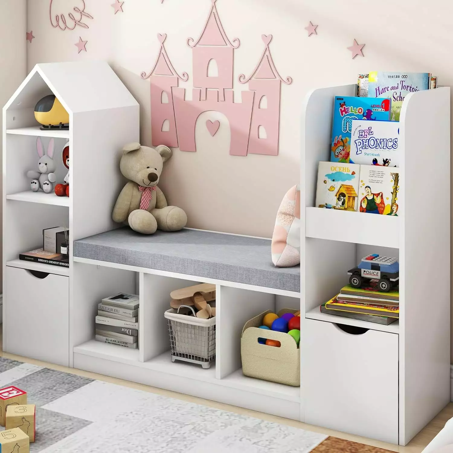 Kids Bookshelf Reading Nook - 7 Storage Cubbies and 2 Movable Drawers Playroom and Bedroom Puapli