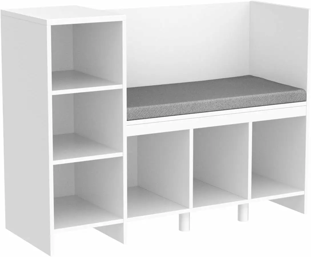 43.3 Kids Reading Nook Bench Nursery Bookshelf Bookcase Seat Cushion 6-Cubby Book Shelf Storage Organizer Playroom Bedroom...