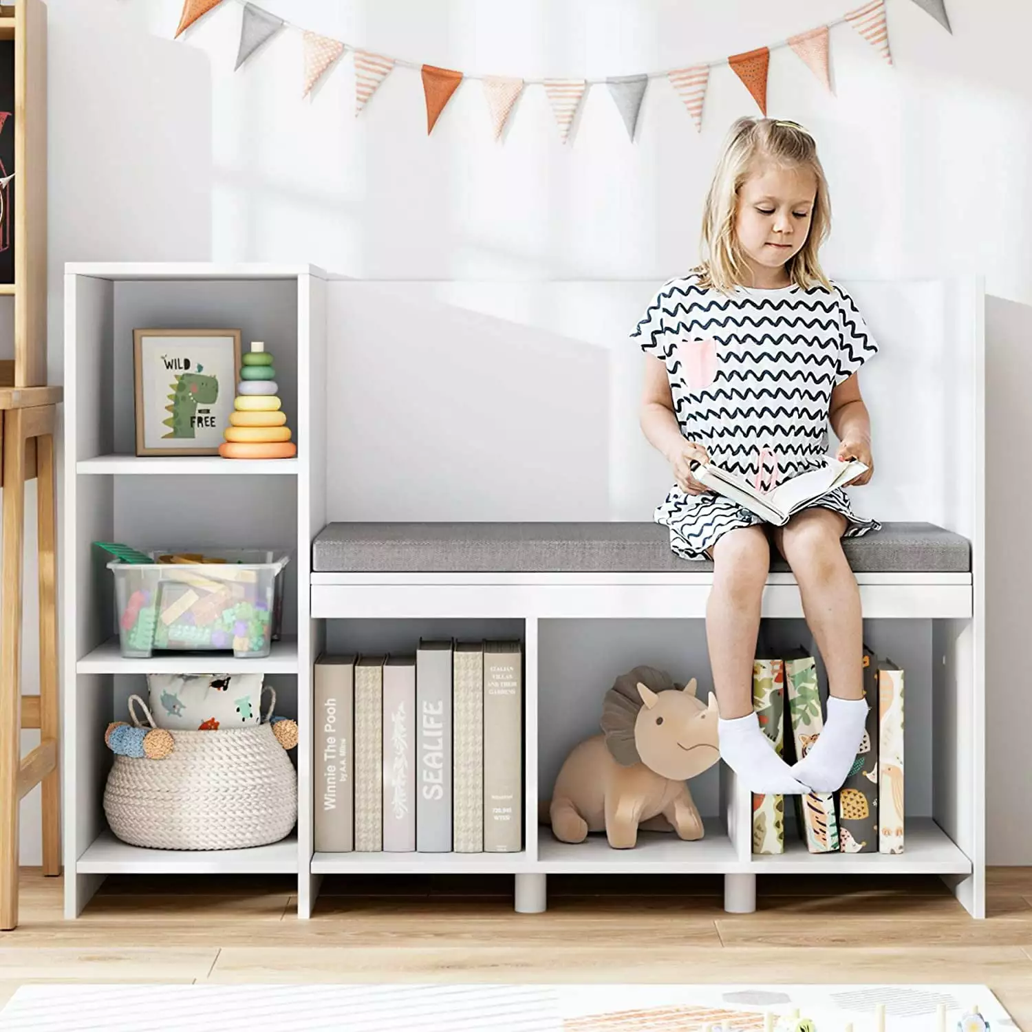 ZHIBING 43.3 Kids Reading Nook Bench Nursery Bookshelf and Bookcase Seat Cushion 6-Cubby Book Shelf Storage Organizer