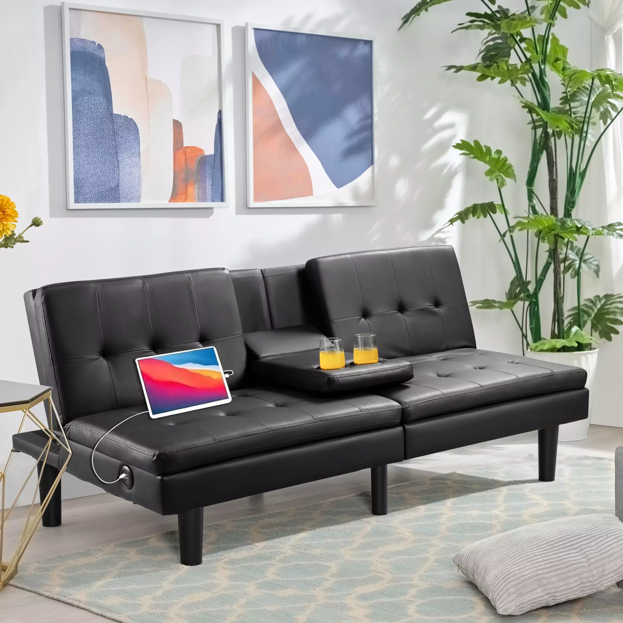 TrumanPick Faux Leather Futon Sofa Bed Recliner 2 Cup Holders USB Port Black Futons