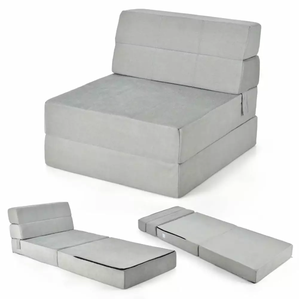 Barara King Floor Gaming Chair Recliner Meditation Tri-Fold Folding Convertible Sleeper Bed Gray Comfortable Lounger