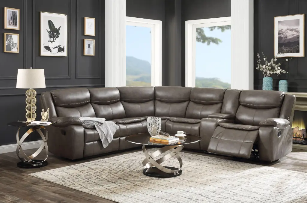 Tavin Taupe Leather-Aire Match Sectional Sofa Motion Recliner