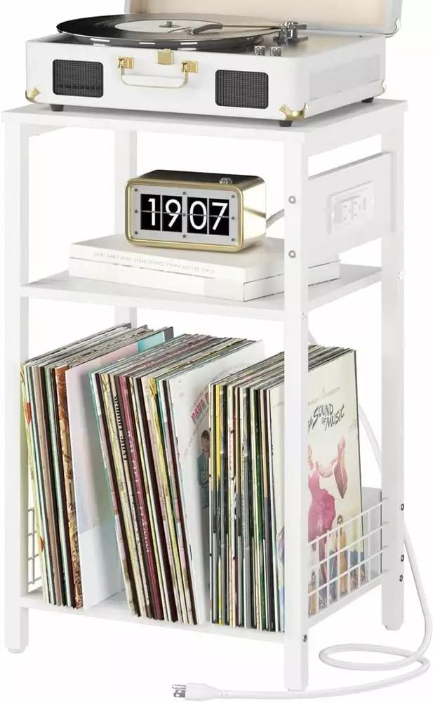 3-Tier White Record Player Stand Charging Station and Vinyl Storage - Modern Nightstand Living Room Freebie
