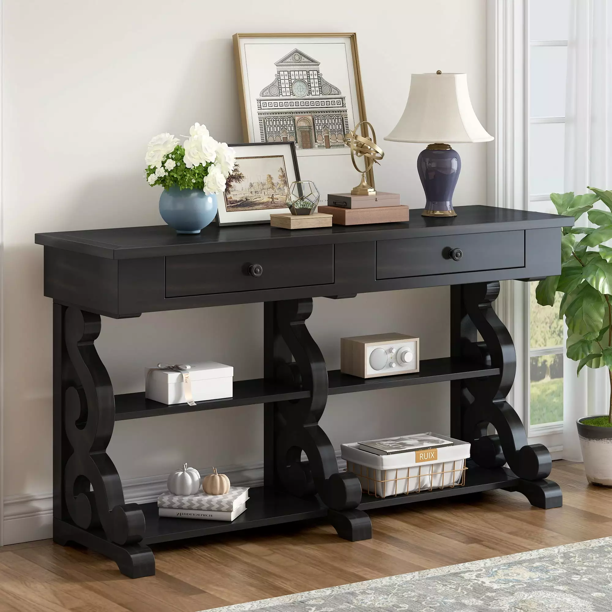 Retro Console Table Sideboard Storage Open Shelves and Drawers Antique Black Console Jamini