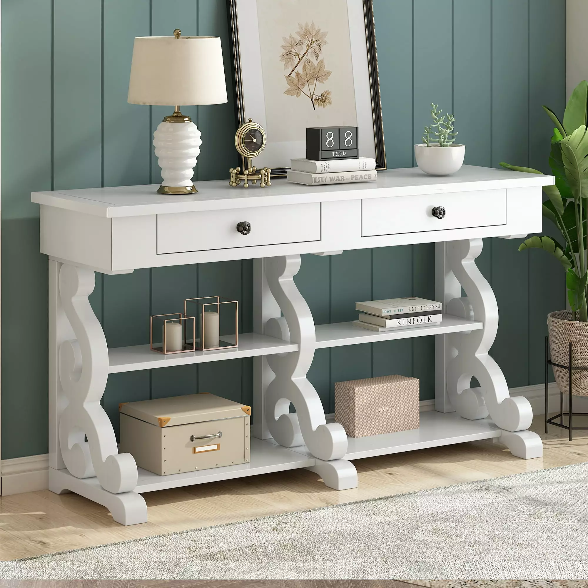Retro Console Table Sideboard Storage Open Shelves and Drawers Antique White Console Jamini