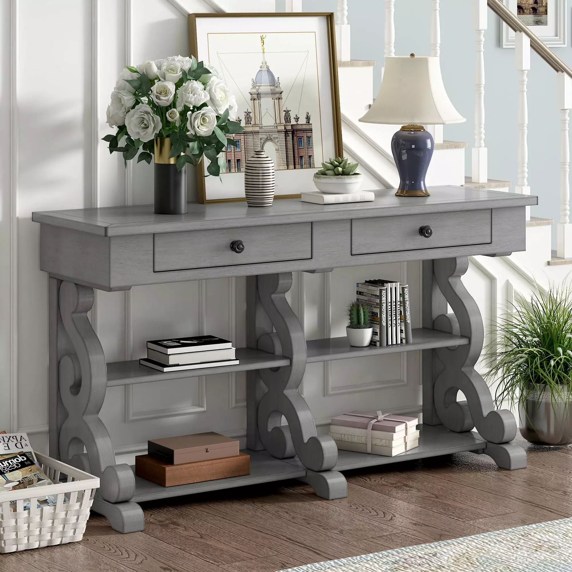Retro Console Table Sideboard Storage Open Shelves and Drawers Antique Gray Console Jamini