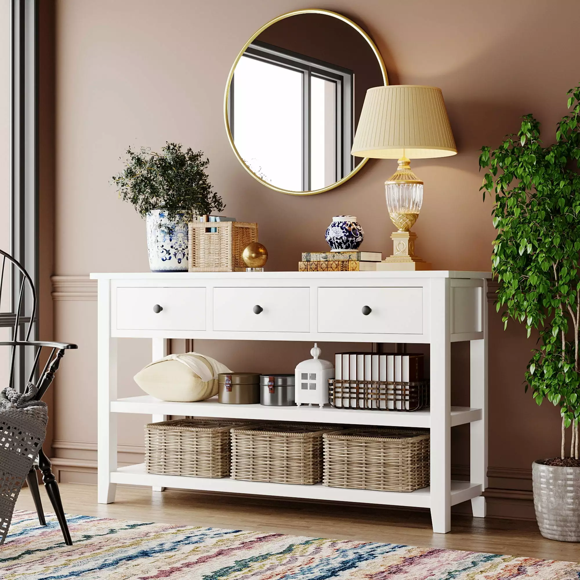 Retro Design Pine Solid Wood Console Table Two Open Shelves Living Room Antique White Console Jamini