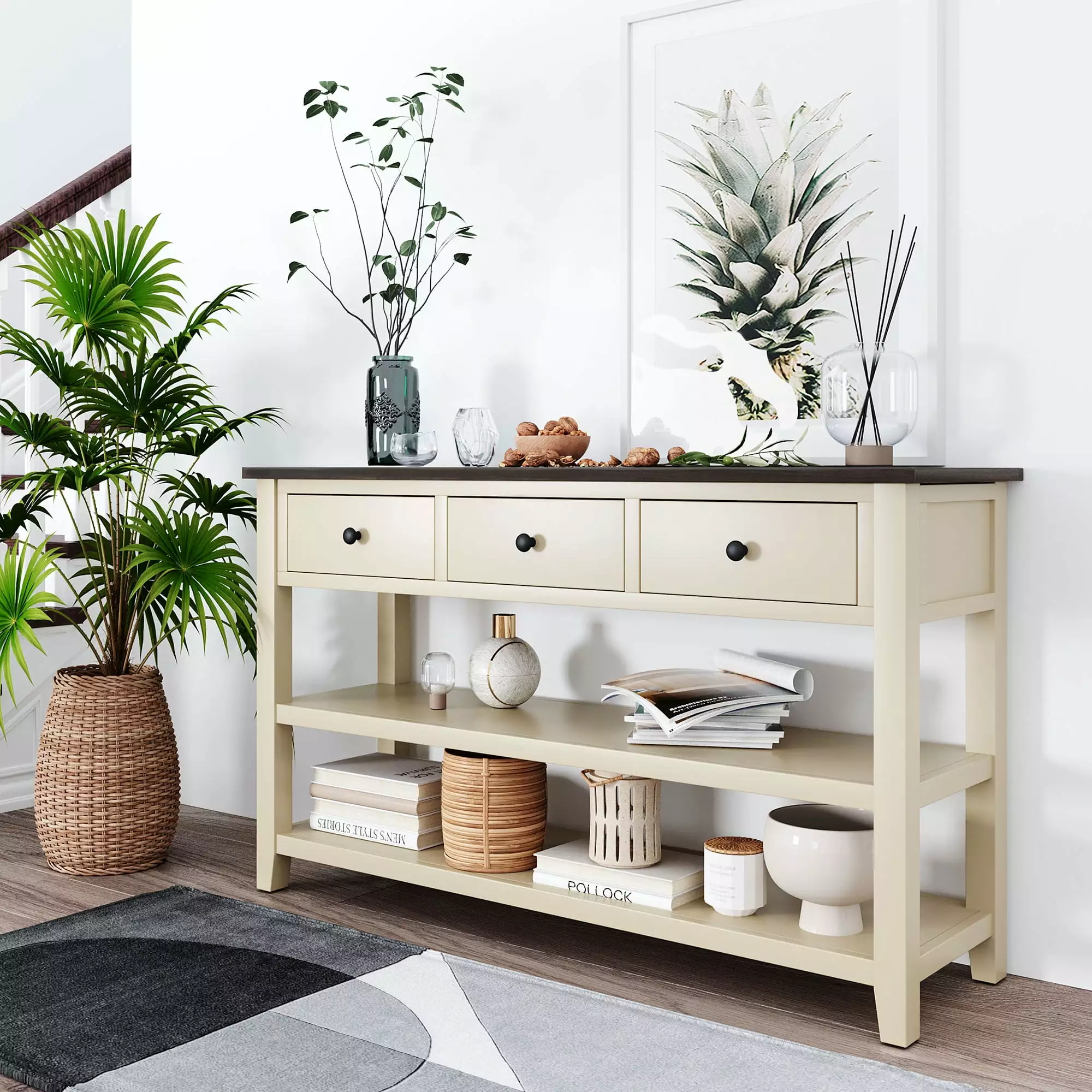 Retro Design Pine Solid Wood Console Table Two Open Shelves Living Room Espresso and Beige Console Jamini