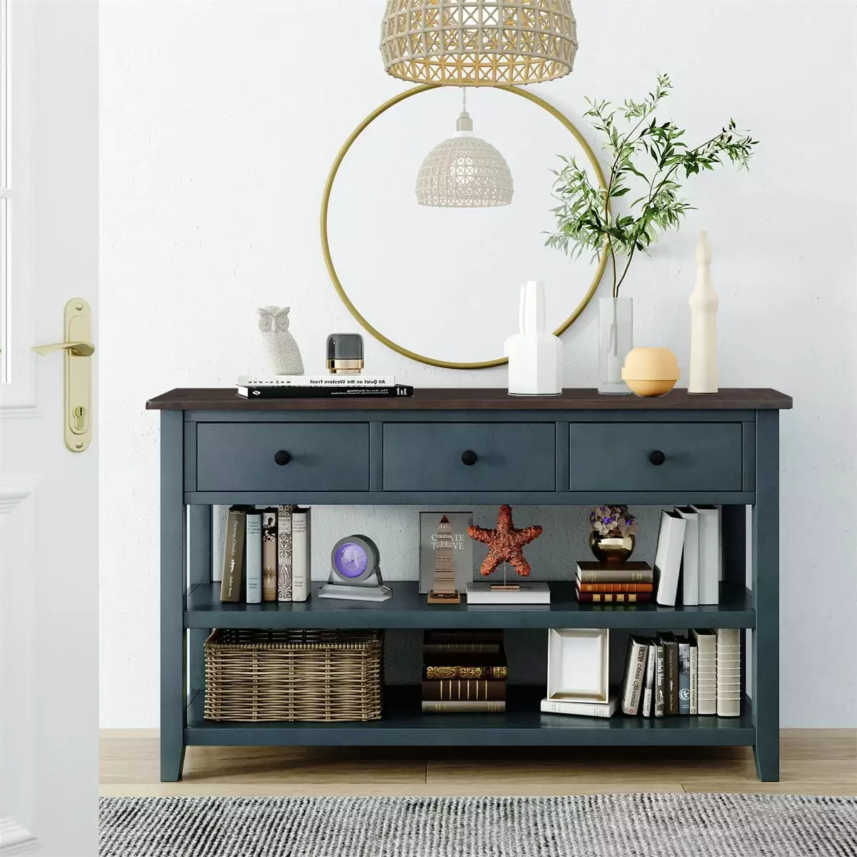 JINS&VICO 50 Inch Retro Wood Console Table 2-Tier Open Shelf Living Room and Hallway Navy Console JINS & VICO