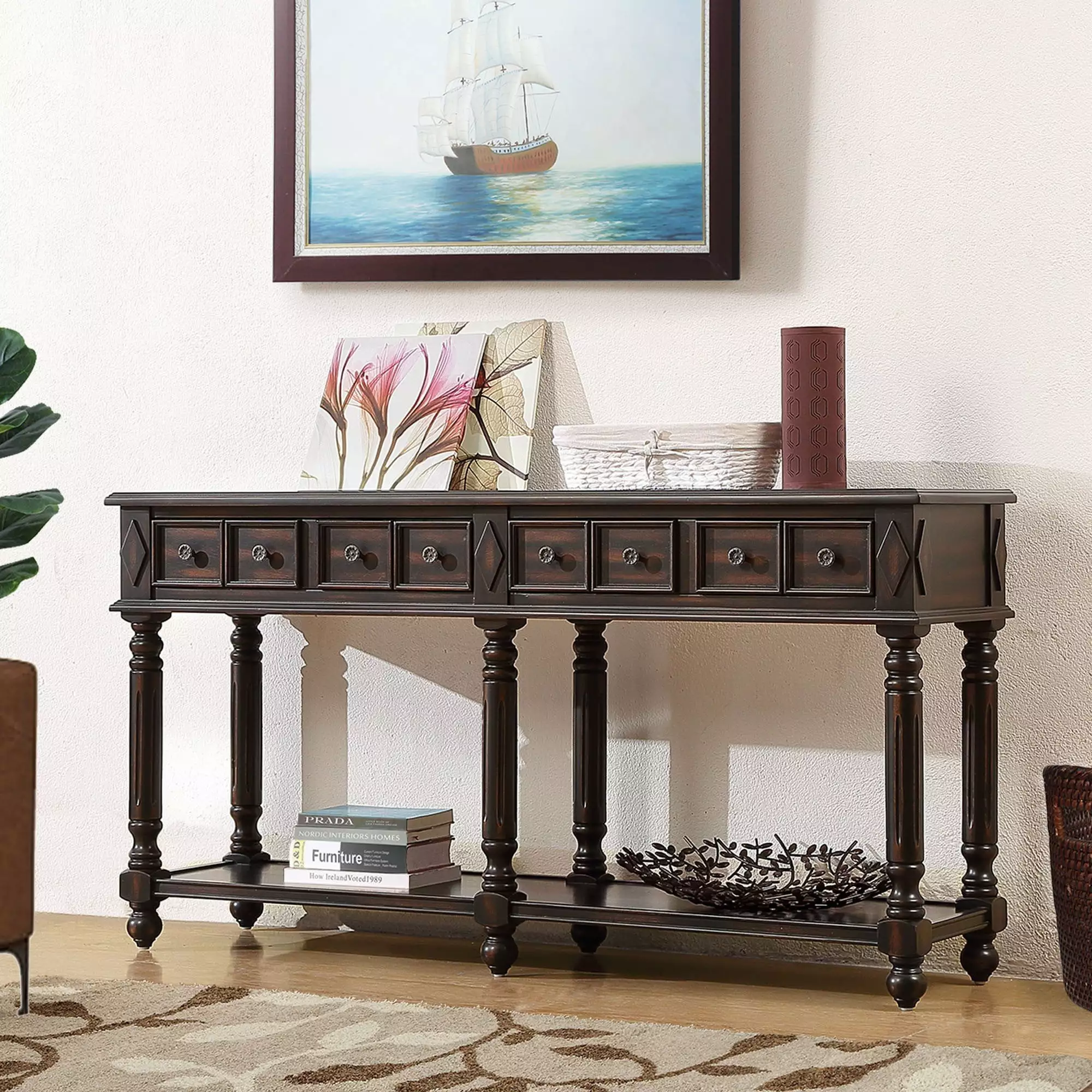 Retro Console Table Entryway Table 58 Inch Long Sofa Table 2 Drawers Bottom Shelf Distressed Black Console Jamini