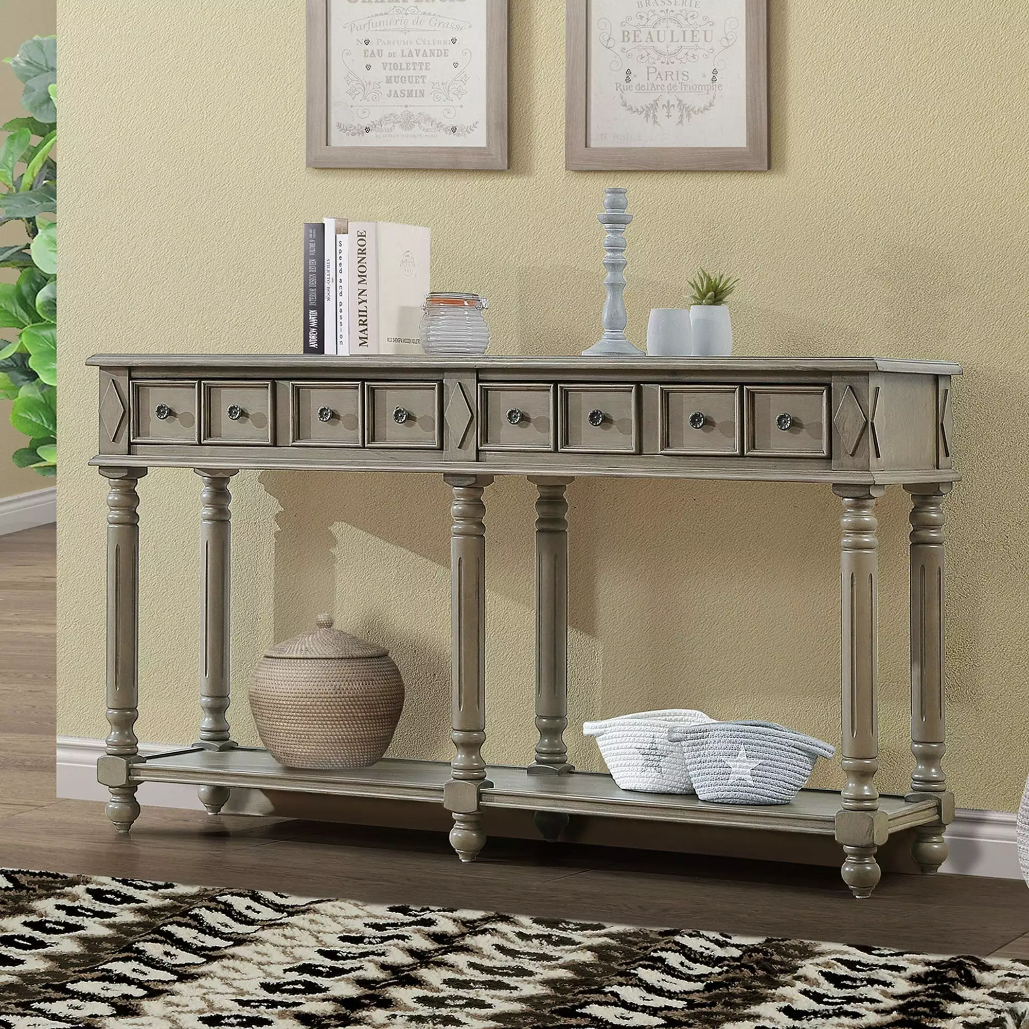 Retro Console Table Entryway Table 58 Inch Long Sofa Table 2 Drawers Bottom Shelf Rustic Finish Console Jamini