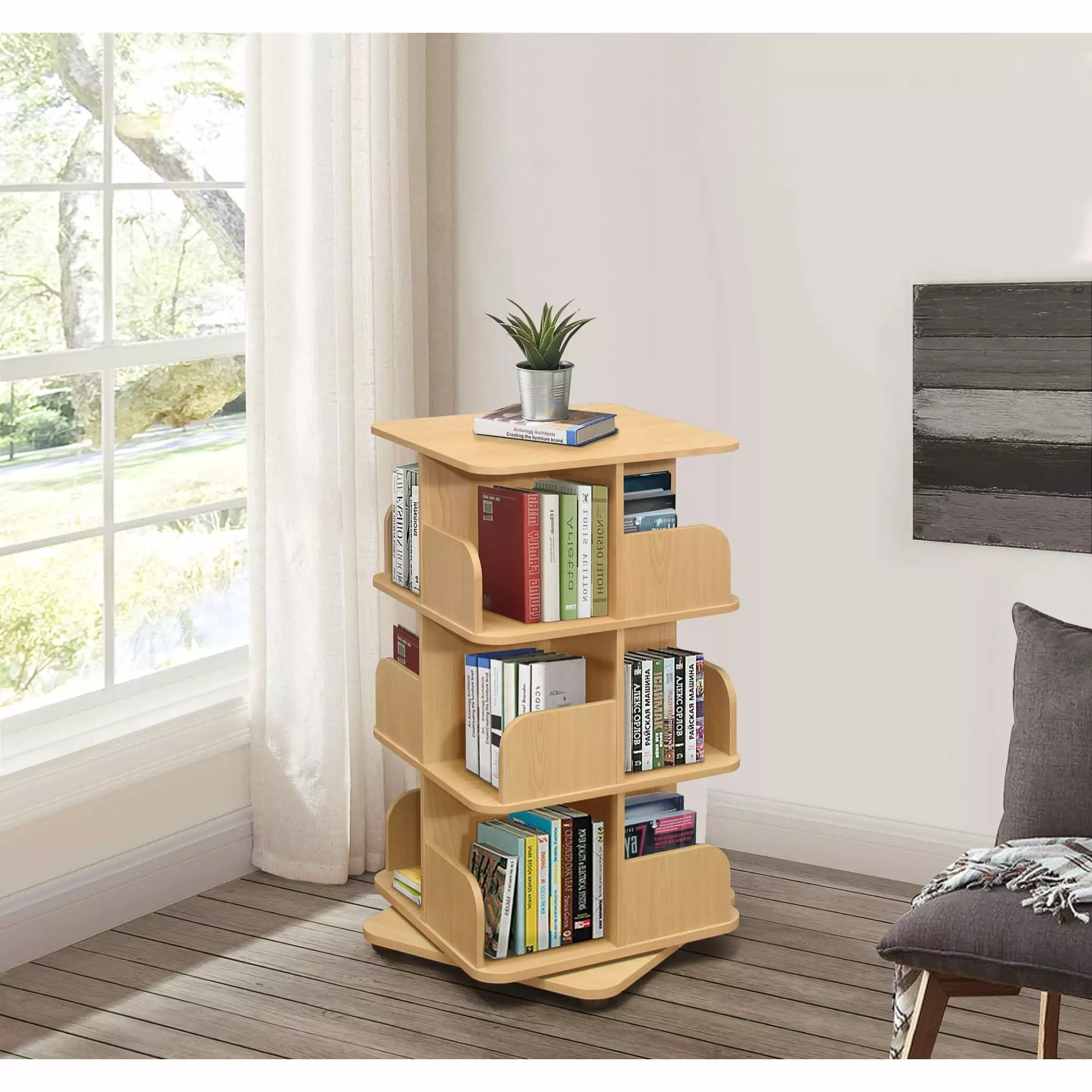 BK005-N Revolving Bookcase Floor Standing 360 Rotating Shelf Home Office Living Room K&B