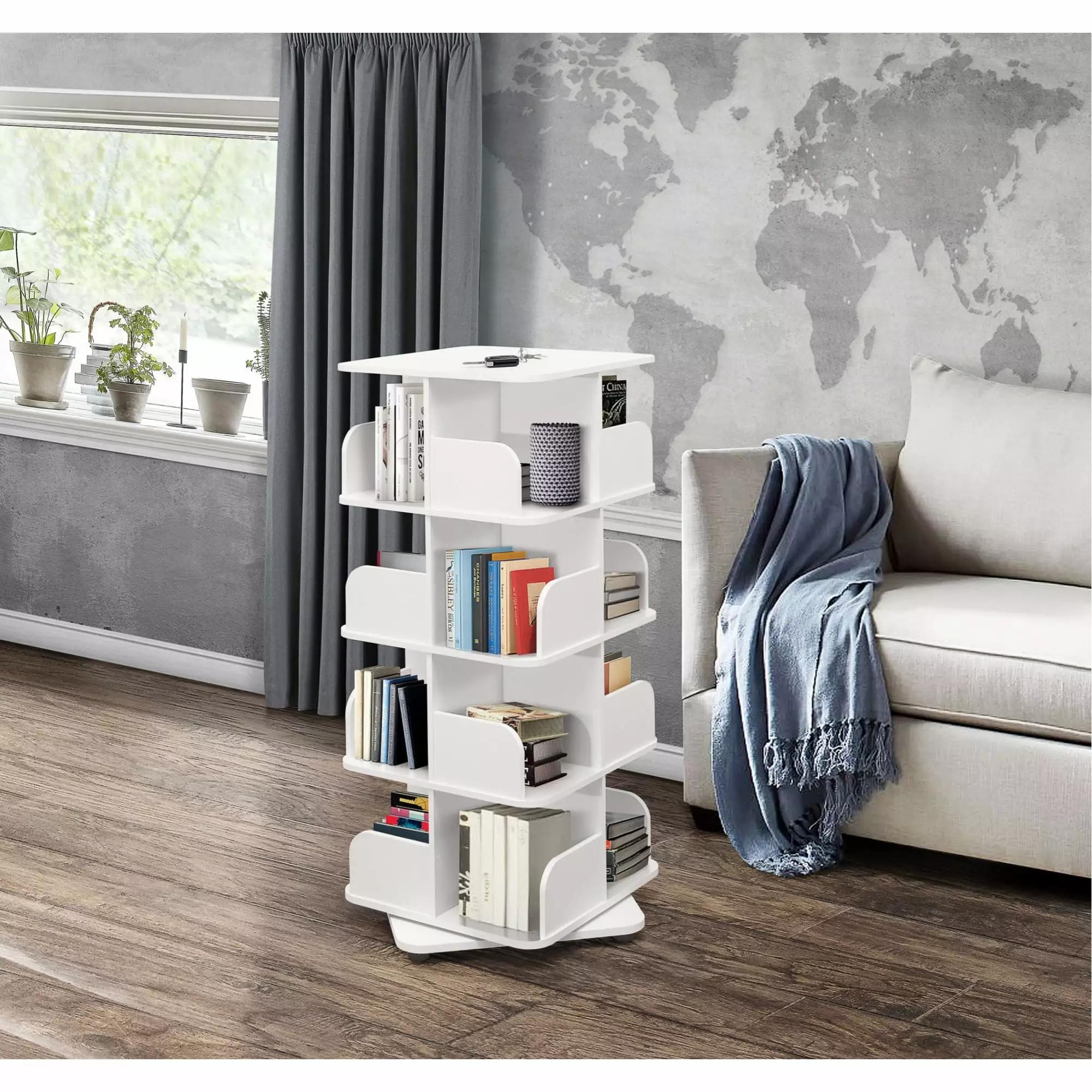 K&B Revolving Tall Bookcase White Matte Floor Standing 360 Rotating Shelf Living Room Office