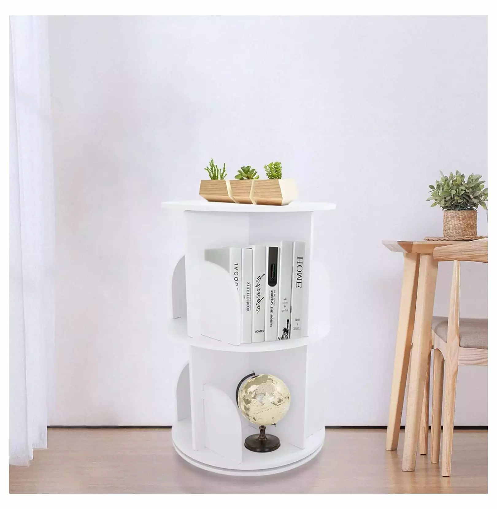 Exlonjet Rotating Bookshelf 2 Tier 360 Degree Floor Standing Bookcase Storage Rack White