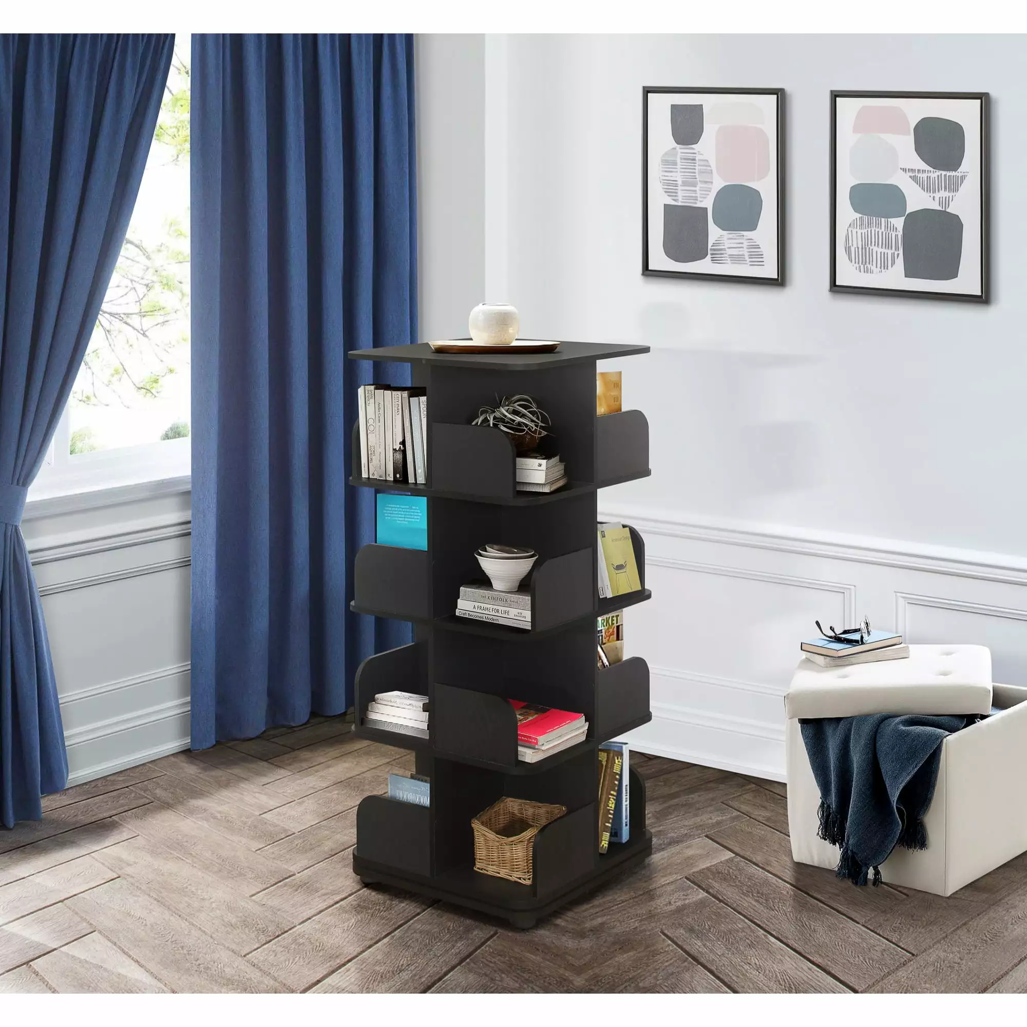 K&B Revolving Tall Bookcase Black Matte 360 Degree Rotating Bookshelf