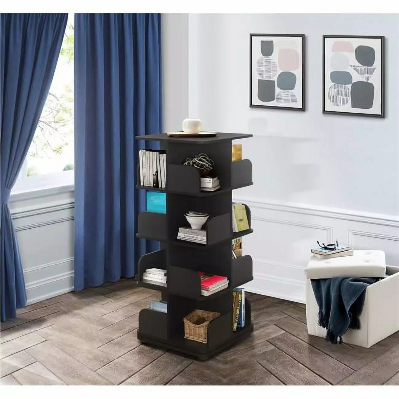 Revolving Tall Bookcase Black Matte 360 Degree Rotating Bookshelf Office Living Room KD Mueble