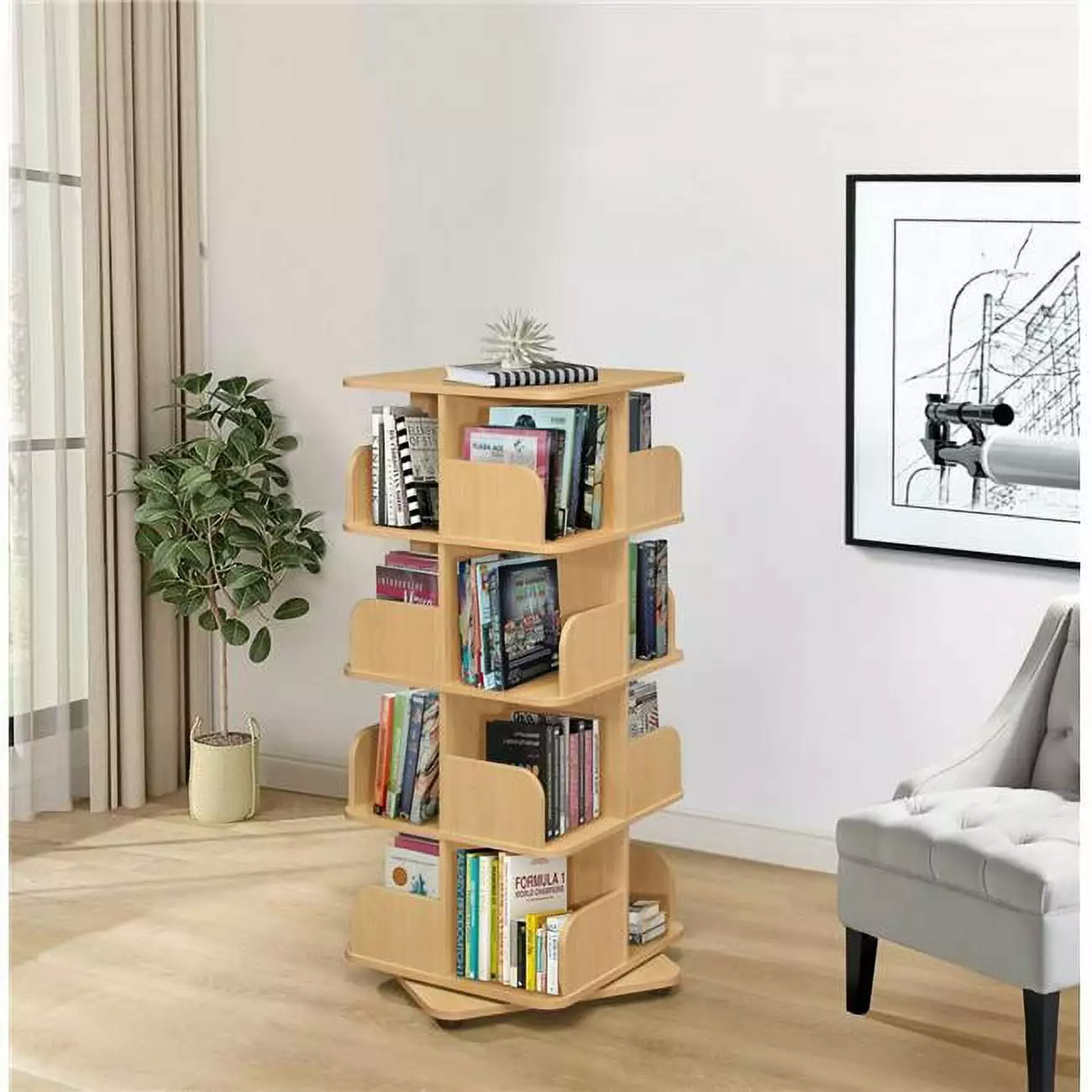 Revolving Tall Bookcase Natural Wood 360 Degree Rotating Bookshelf Living Room KD Mueble
