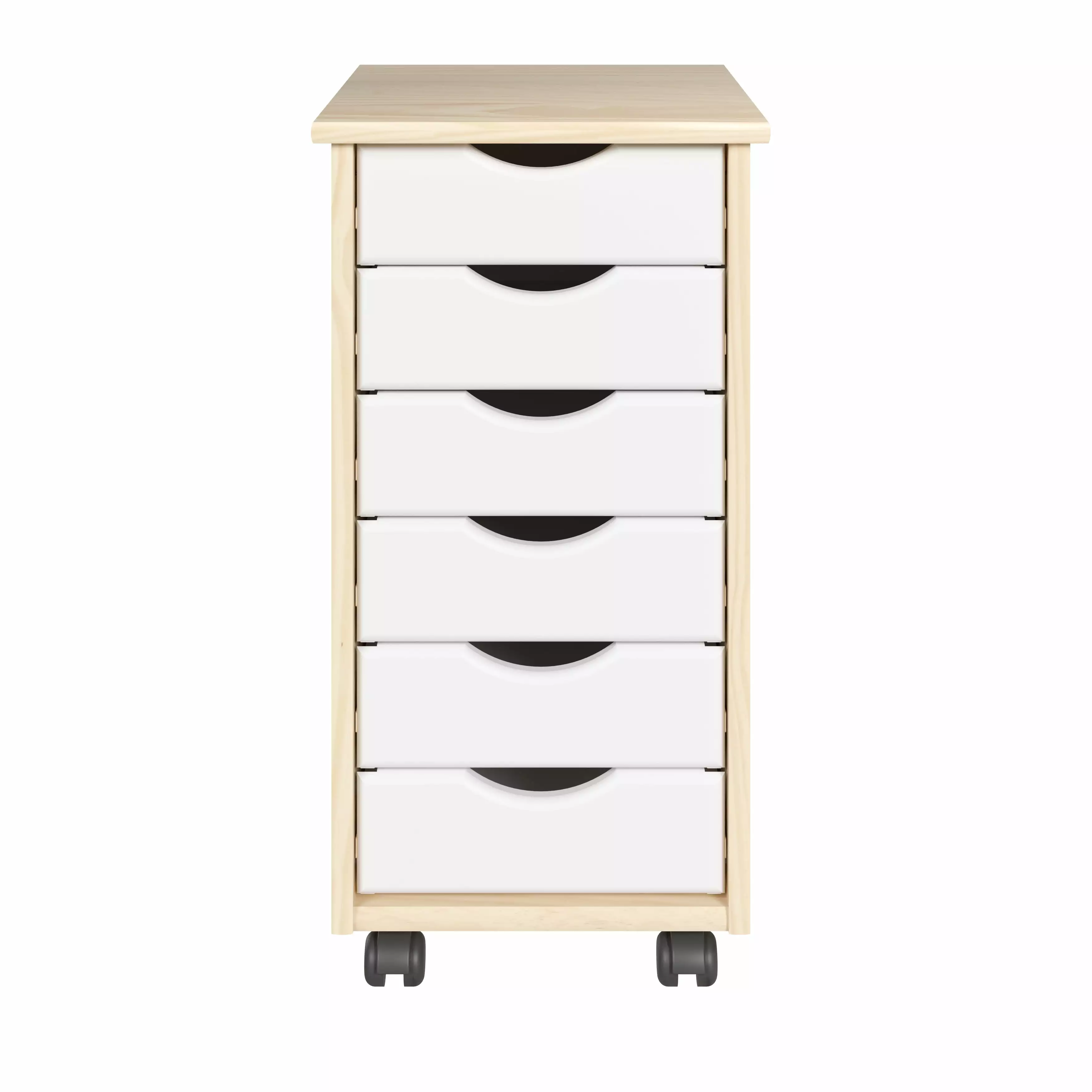 Adeptus Original Roll Cart Solid Wood 6-Drawer Narrow Rolling Cart Natural and White