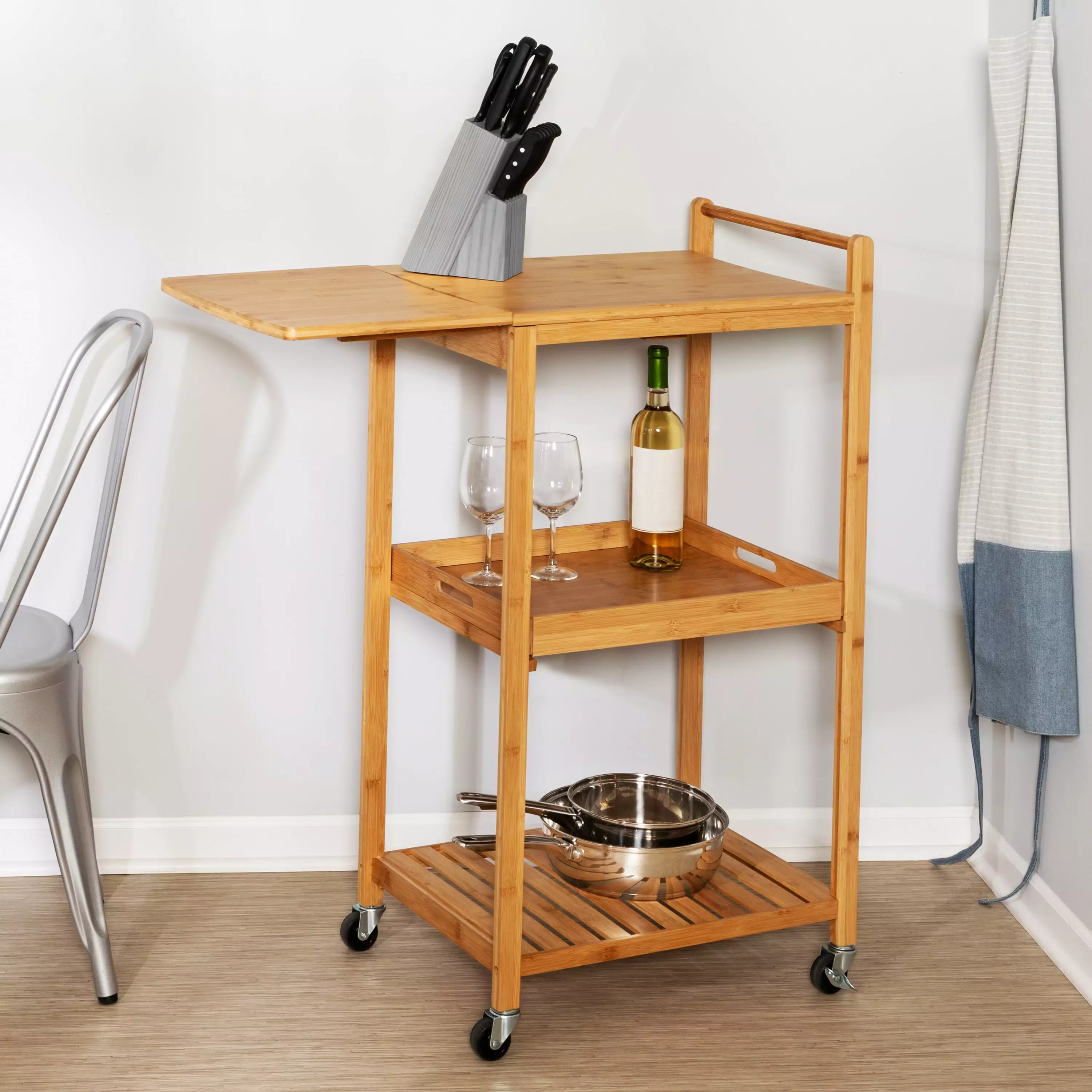 Honey-Can-Do 3-Tier Bamboo Rolling Kitchen Cart Drop-Leaf and Removable Tray Natural