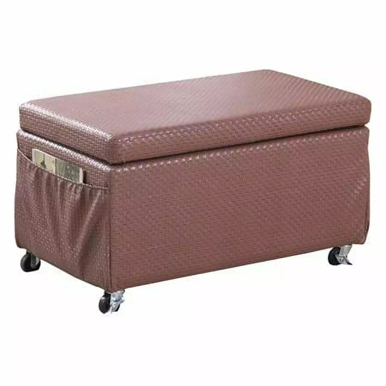 HomeRoots 469425 Brown Weave Faux Leather Rolling Storage Ottoman Pockets Ottomans