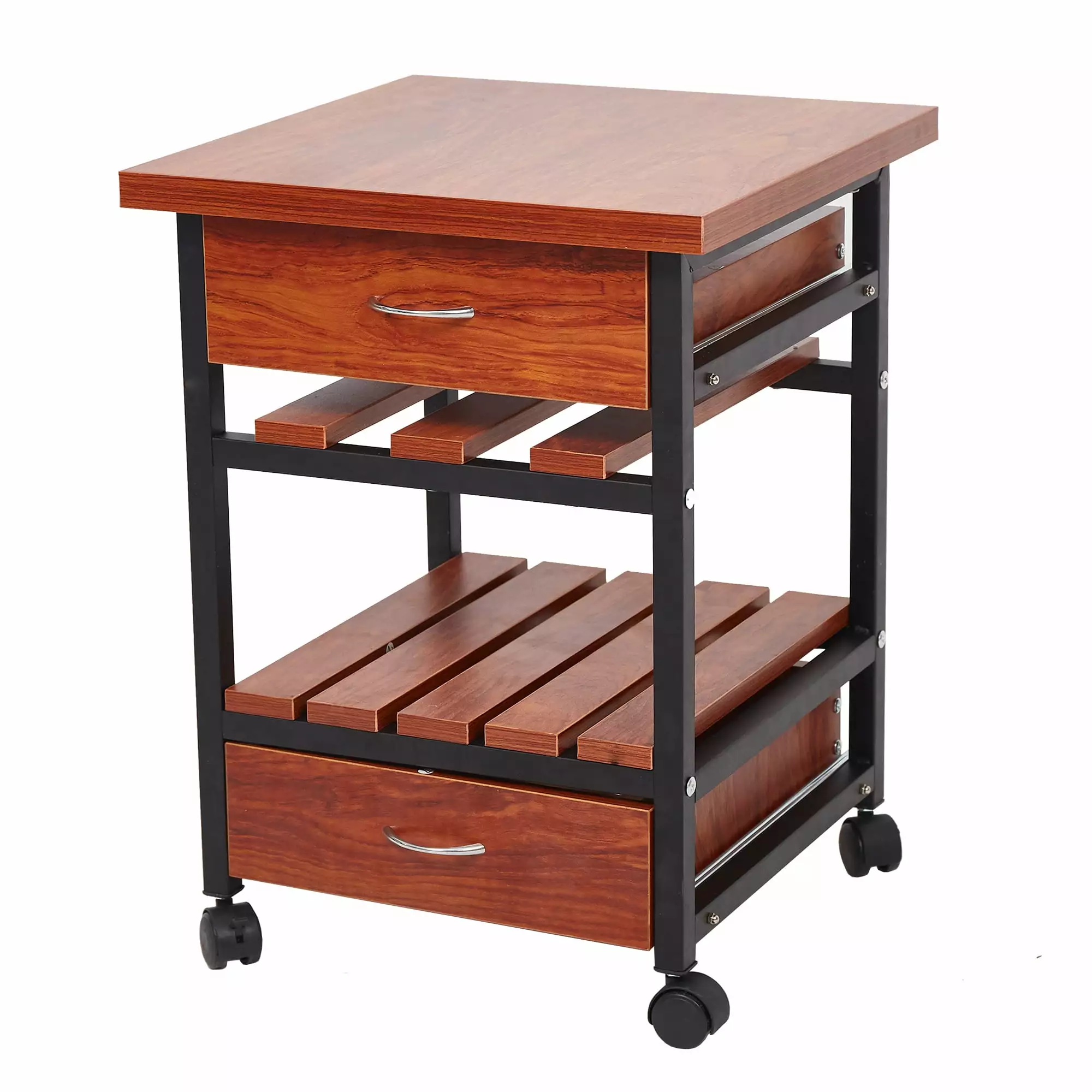 KARMAS PRODUCT 16 Side End Table Rolling Square Night Stand Drawers 3-Tier Shelf Accent Table Walnut