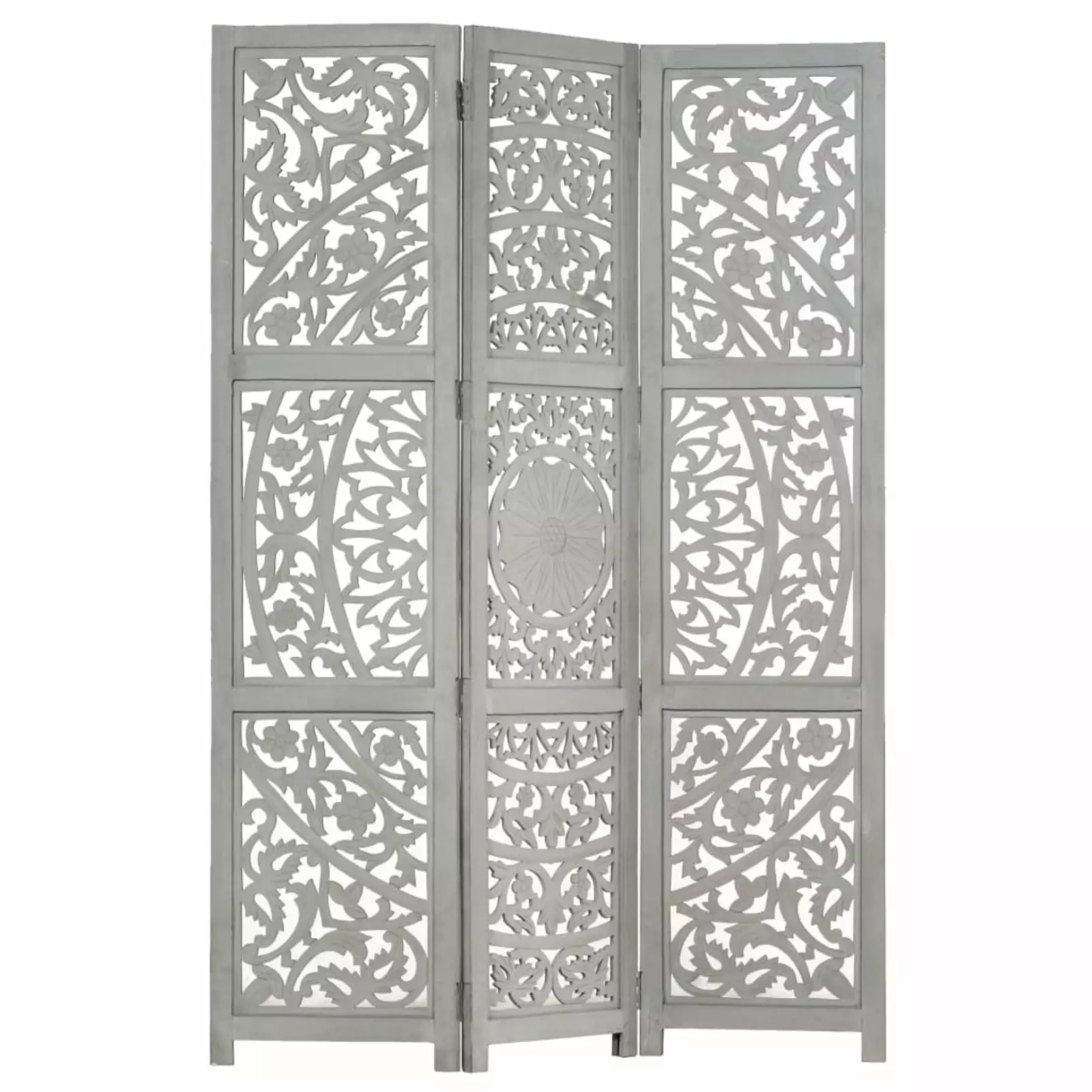 Anself Hand Carved 3-Panel Room Divider Wooden Partition Panel Mango Wood Foldable Screen Gray