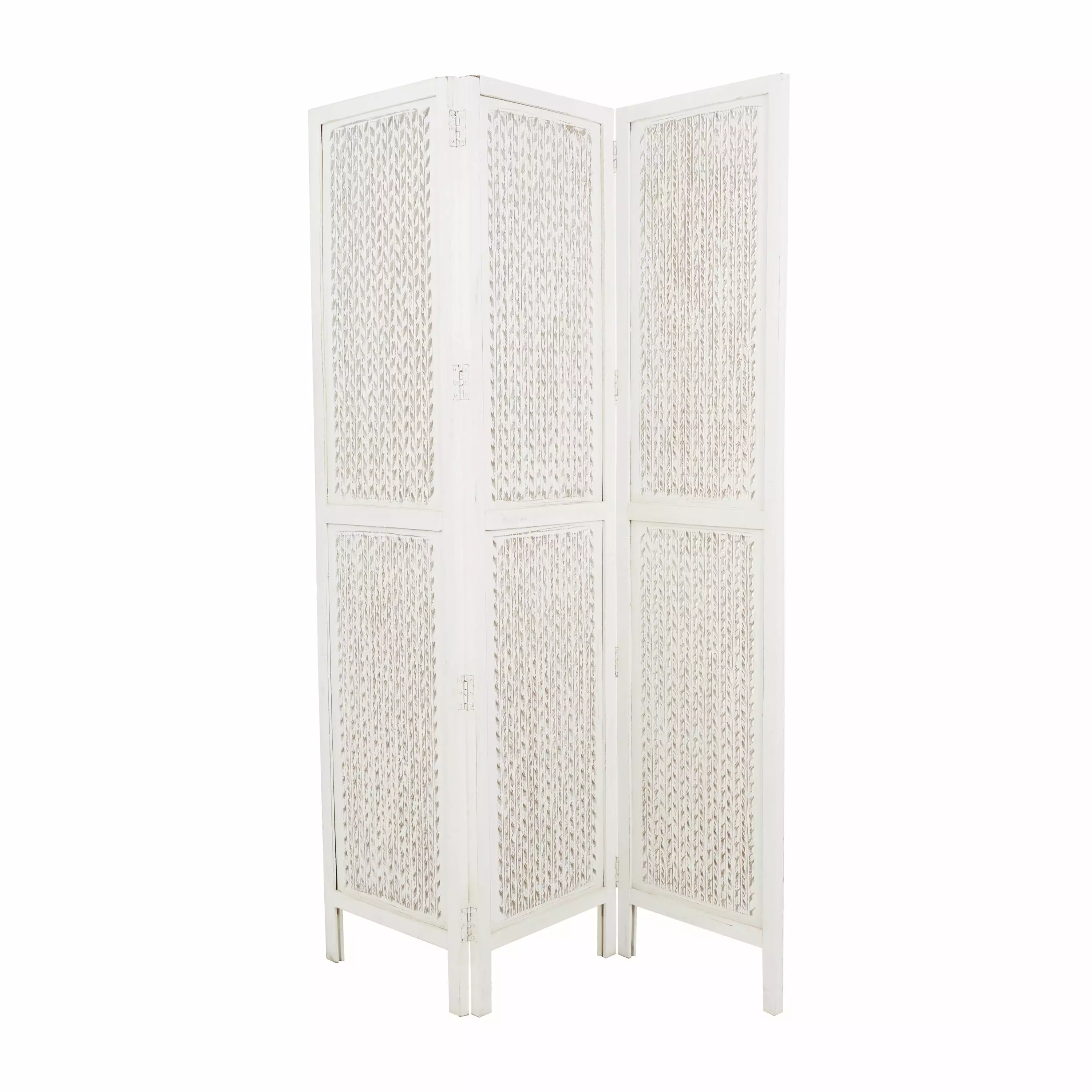 DecMode 54 x 72 White Mango Wood Geometric Cutout 3 Panel Room Divider Screen