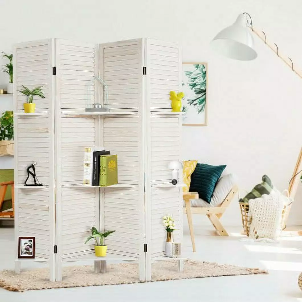 4 Panel Folding Room Divider Screen 3 Display Shelves White Generic