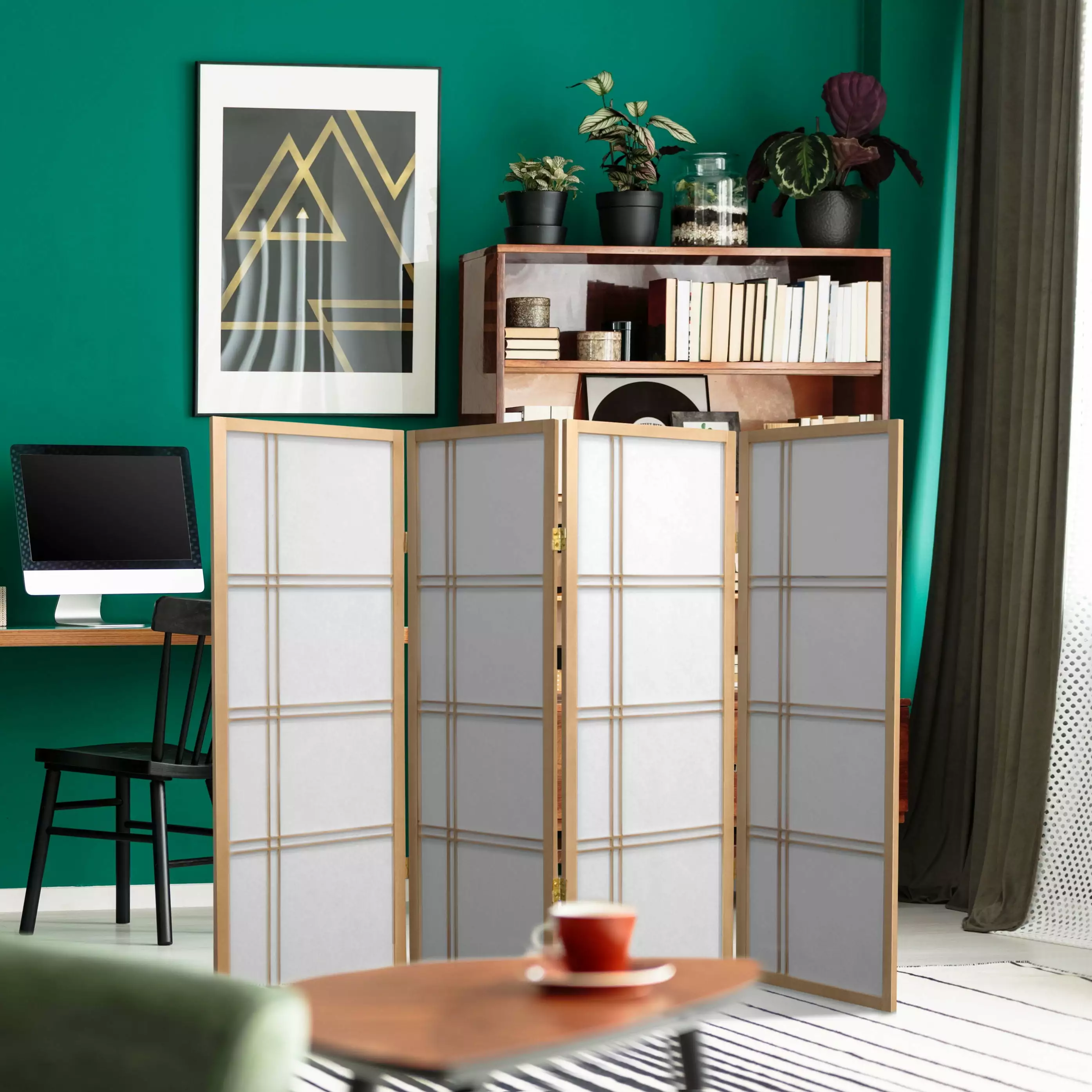 4 ft Tall Japanese Design Double Cross Lattice Screen Natural 4 Panels Oriental Furniture